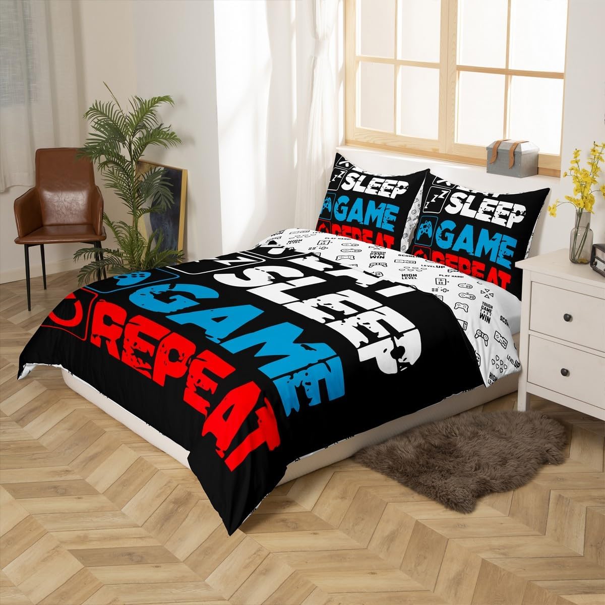 Video Games Duvet Cover Set Toddler Size,Modern Gamer Bedding Set for Kids Boys Girls Room Decor,Game Controller Comforter Cover,Red Blue Black Quilt Cover with 1 Pillowcase(No Comforter)