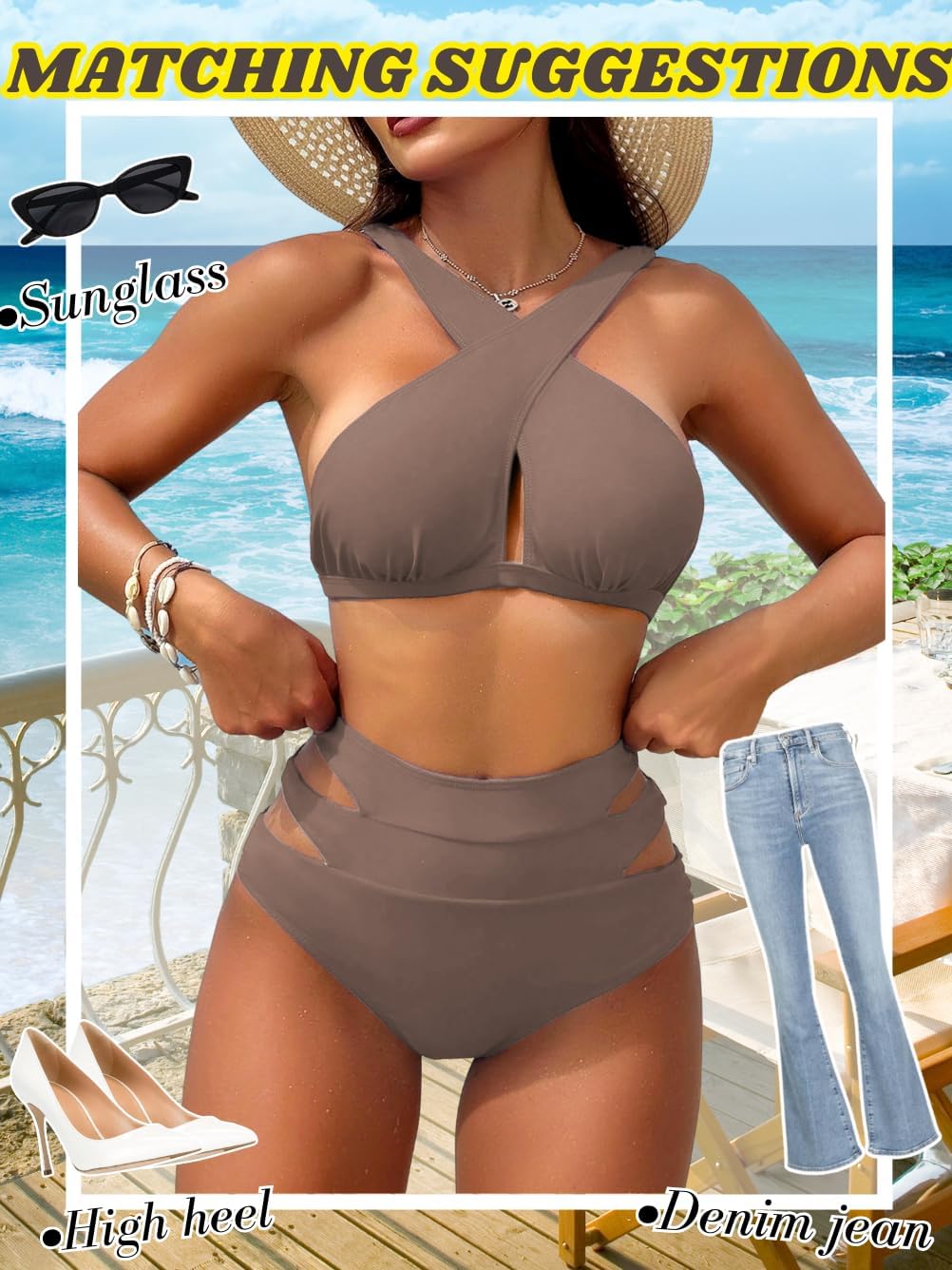 Kaei&Shi Bikini Sets for Women Full Coverage Bottoms,High Waisted Bathing Suit,Cut Out Criss Cross Two Piece Swimsuits - Image 6