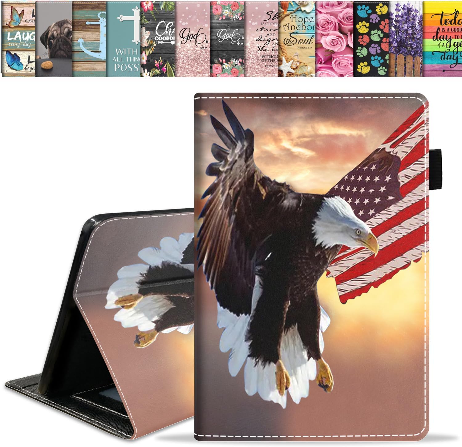 Case for Kindle Fire HD 10/Fire HD 10 Plus Tablet 10.1" (11th Gen, 2021 Released) - Slim PU Leather Stand Flip Cover with Card Slot & Pencil Holder, Patriotic American Flag Bald Eagle