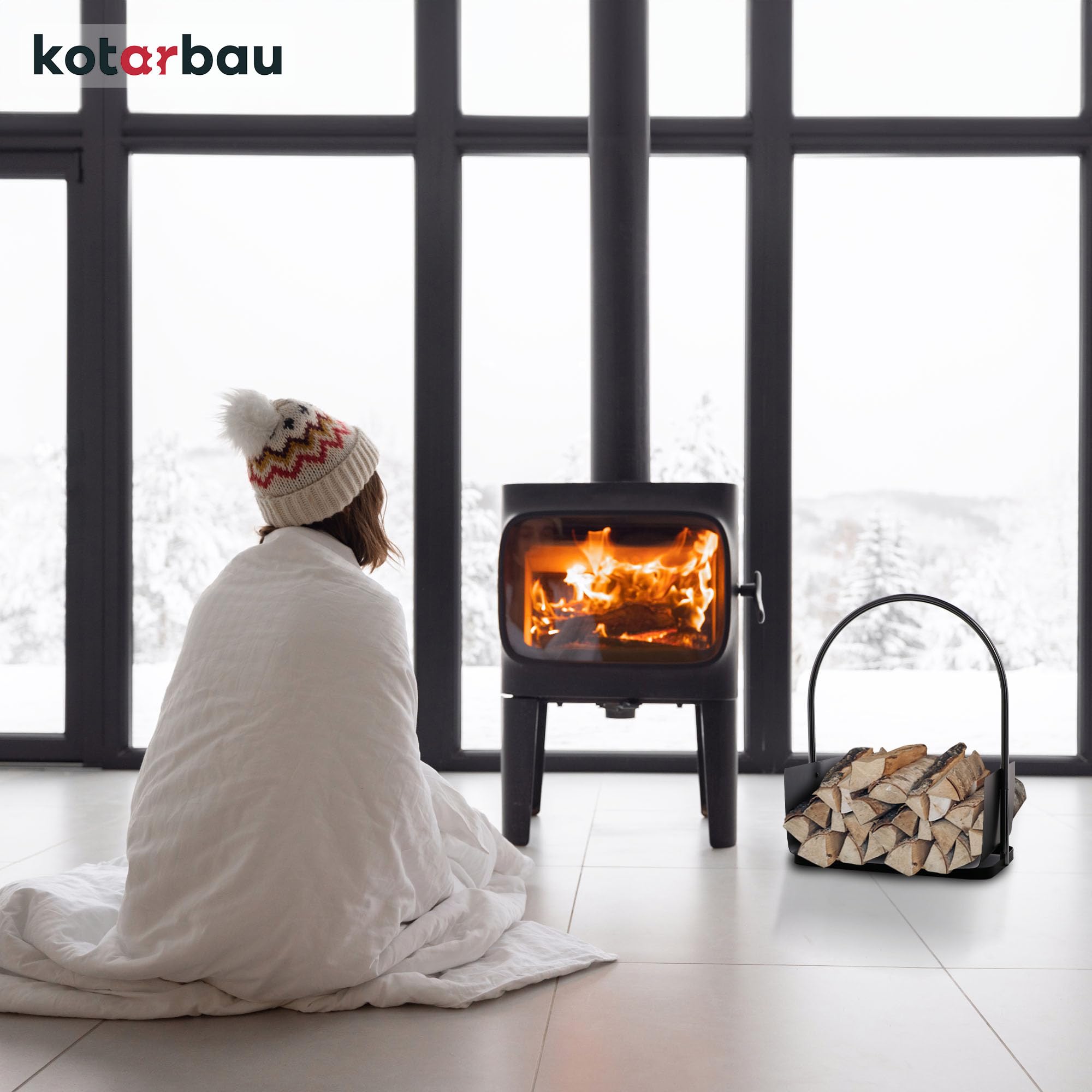 KOTARBAU® Cesta Leña Chimenea - Acero - 41 x 52 cm - Negro - Leñero Interior - con Asa Ergonómica - Soporte Leña - Robusto - Decorativo