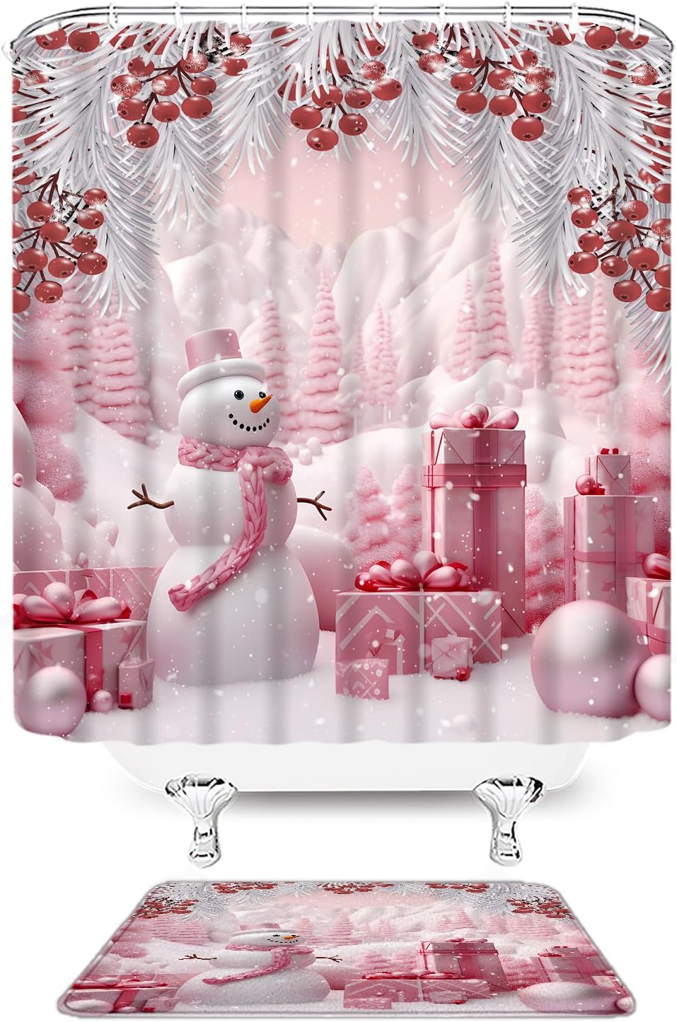 Pink Christmas Shower Curtain Cute Snowman Red Berry Pine Leaf Winter Holiday Happy New Year Fabric Bathroom Curtain Set with Hooks(74.8" Wx70 H)