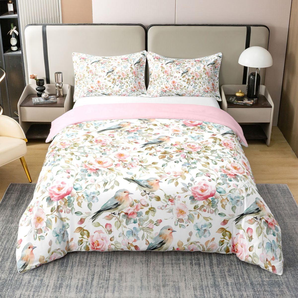 Parure de lit fleurs de printemps et housse de couette coton 240x260 moineau