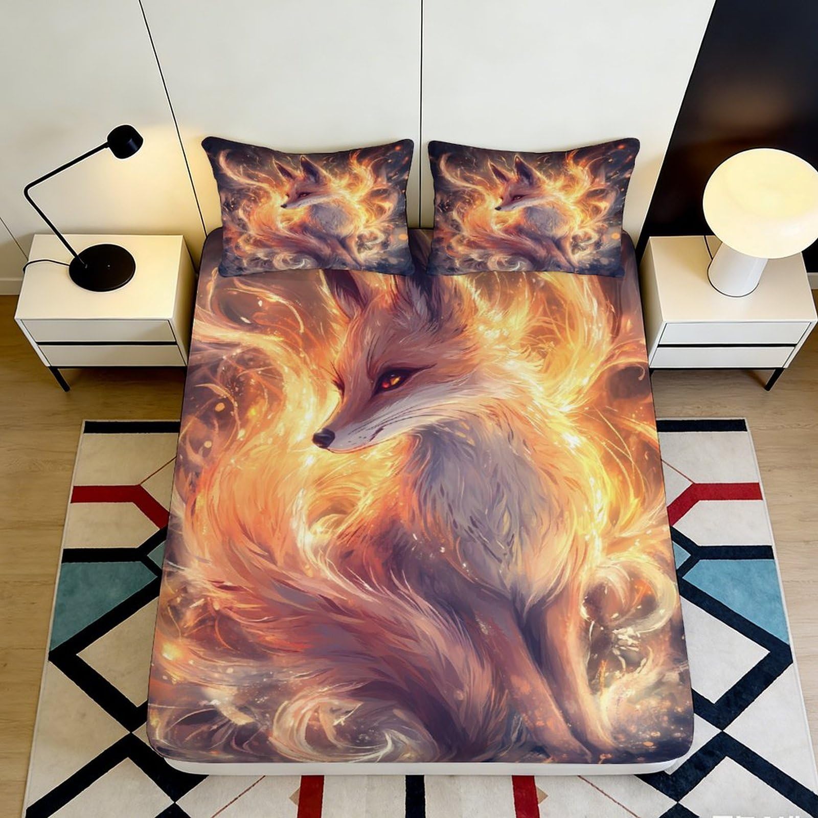 3D Printed Fire Fox Fitted Sheet Microfiber Soft Anti-Slip Fantasy Animal Mattress Cover for Bedroom Dorm Decorative Protection 90x200x25cm