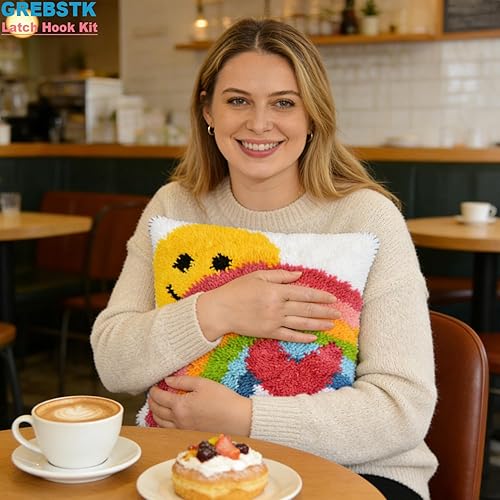 Miniatura 9 de GREBSTK Kit de gancho de pestillo DIY funda de almohada de sofá, cojín de sofá, patrón de sol y arcoíris, punto de cruz pintado, 16x16 pulgadas