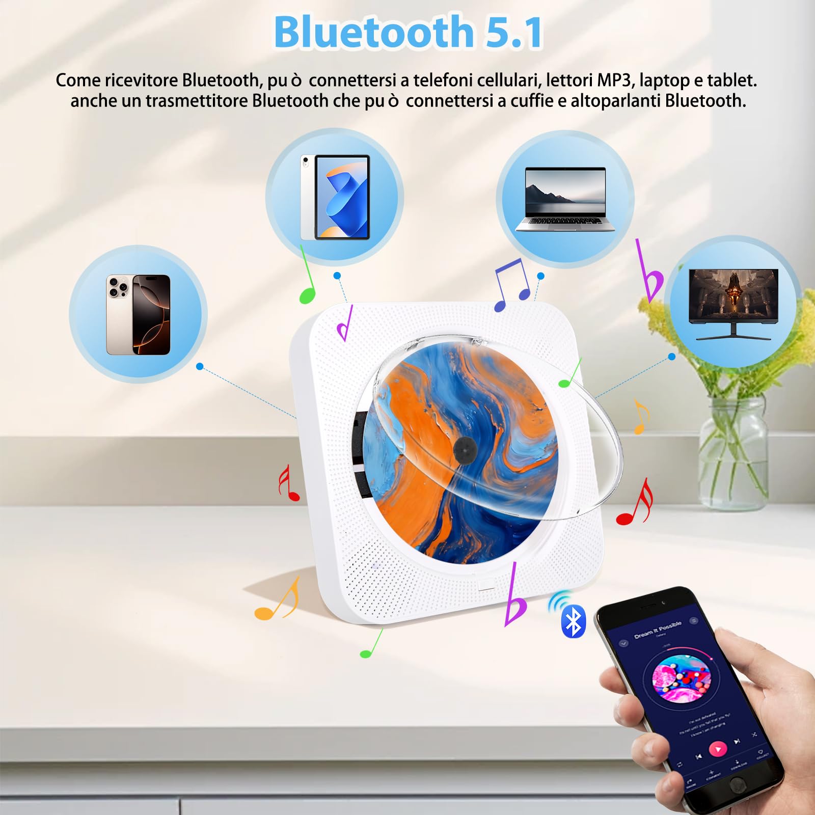 Lettore CD Portatile Bluetooth 5.1 con Altoparlanti, Radio FM USB/AUX, Bianco