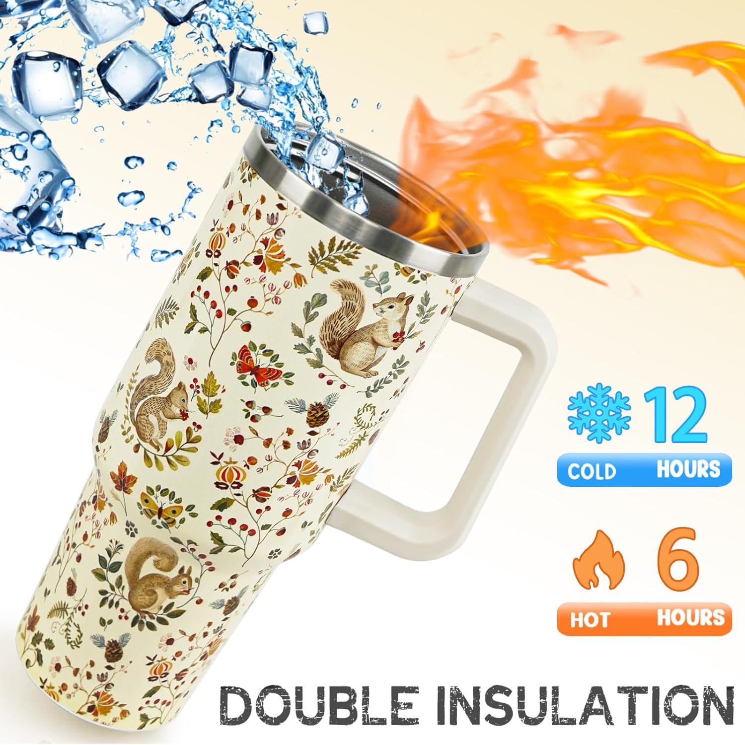 Squirrel Tumbler with Handle and Straw 40 oz Squirrel Cup Fall Coffee Travel Mug Stainless Steel Insulated Water Bottle Cute Squirrel Stuff Decor Gifts for Squirrel Lovers Women Grils - Image 3