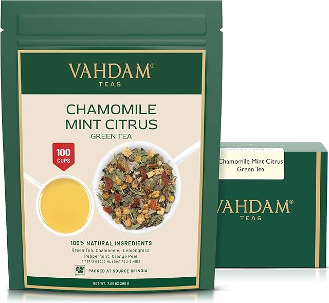 VAHDAM, Chamomile Mint Citrus Green Tea Leaves (200g/7oz) 100 Cups; Natural Ingredients - Green Tea Leaves, Chamomile, Peppermint, Spearmint, Orange Peels, Lemongrass