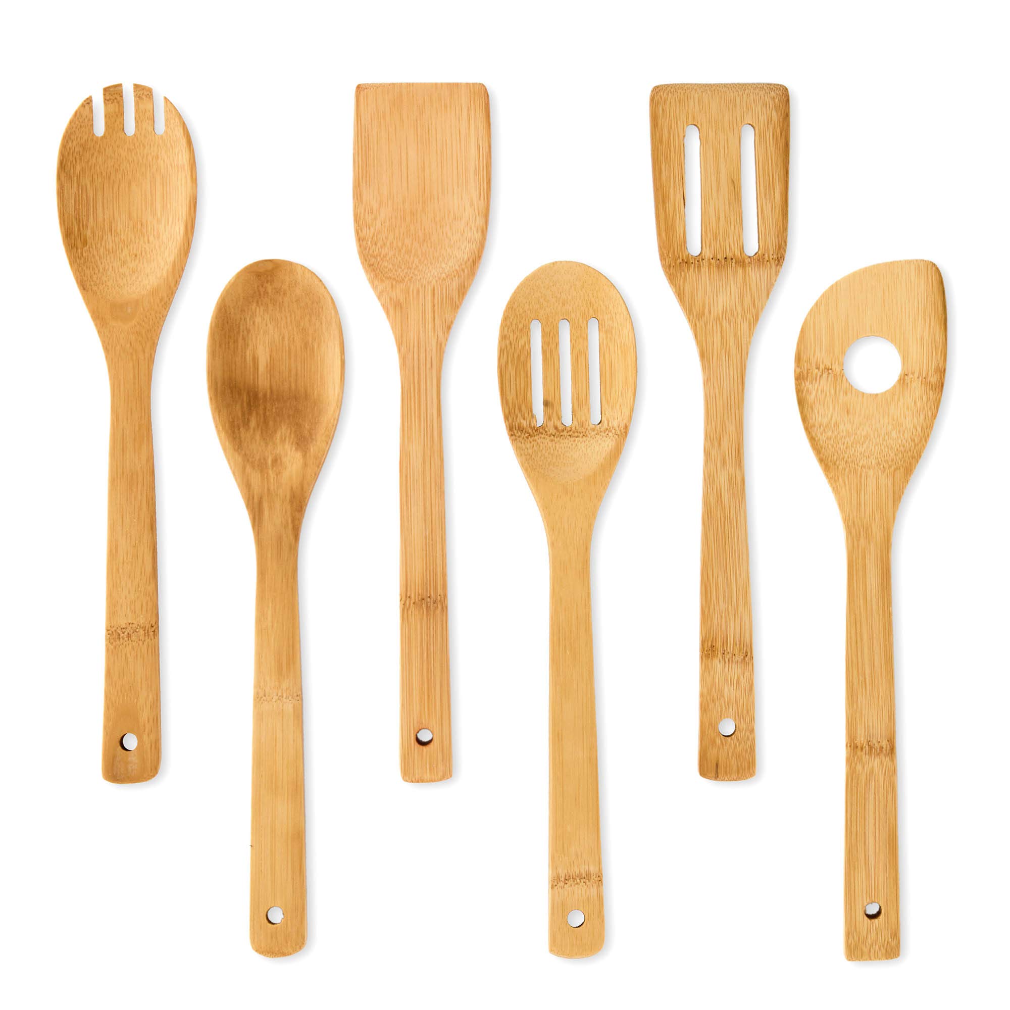 Set de utensilios de cocina sin plástico (6 unidades), 100% bambú | Cuchara de cocina, cucharón, espátula, juego de cucharas de cocina, utensilios de cocina, servidor de ensalada, cuchara