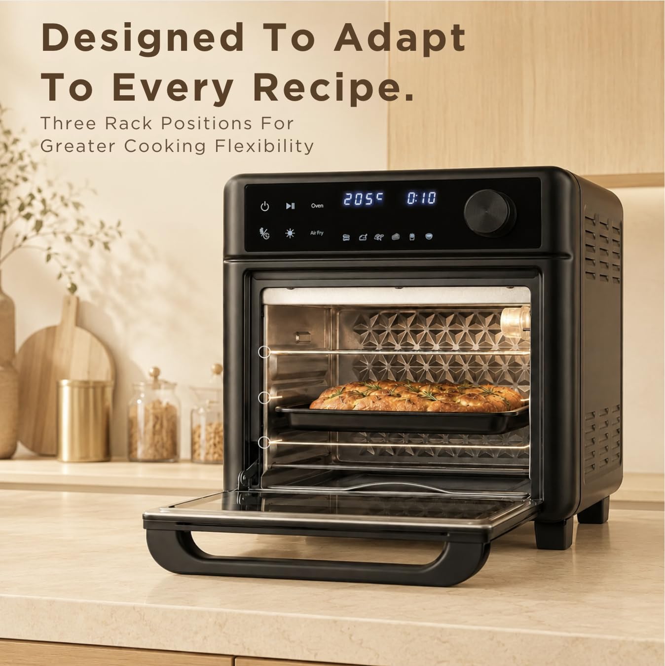 Faber Air Fryer Oven with door open, showing three rack positions