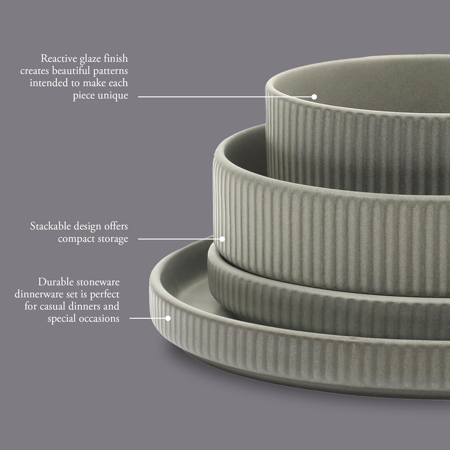 Gibson Elite Deerfield 16-Piece Stoneware Dinnerware Set – Soft Grey Reactive Glaze, Stackable Plates and Bowls, Service for 4 – Microwave & Dishwasher Safe - Image 3