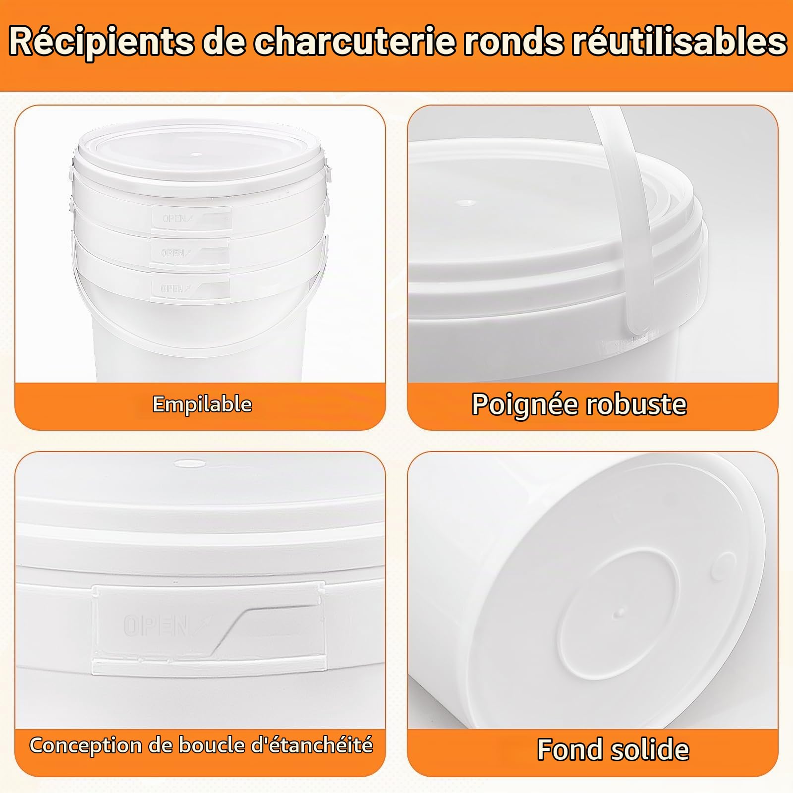 Lot de 10 Seaux en Plastique Blanc 2 L avec Couvercles et Poignées | Bacs Alimentaires en PP compatibles Micro-ondes, Congélateur et Lave-vaisselle pour Cuisine, Peinture, Camping et Rangement