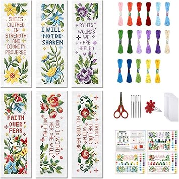 FREEBLOSS 6 Set Cross Stitch Bookmark Kits Flowers 8 * 2.4inch