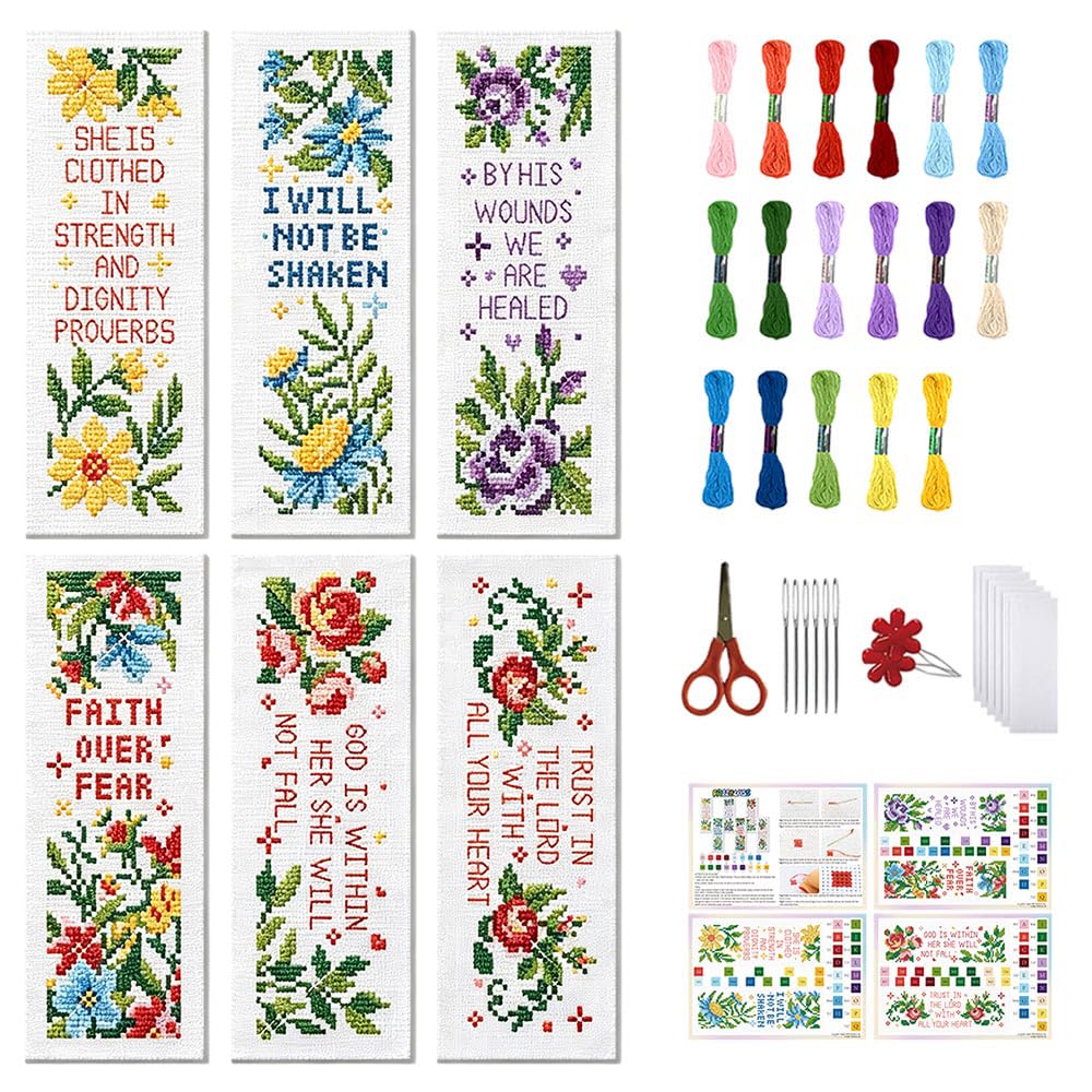 FREEBLOSS 6 Set Cross Stitch Bookmark Kits Flowers 8 * 2.4inch