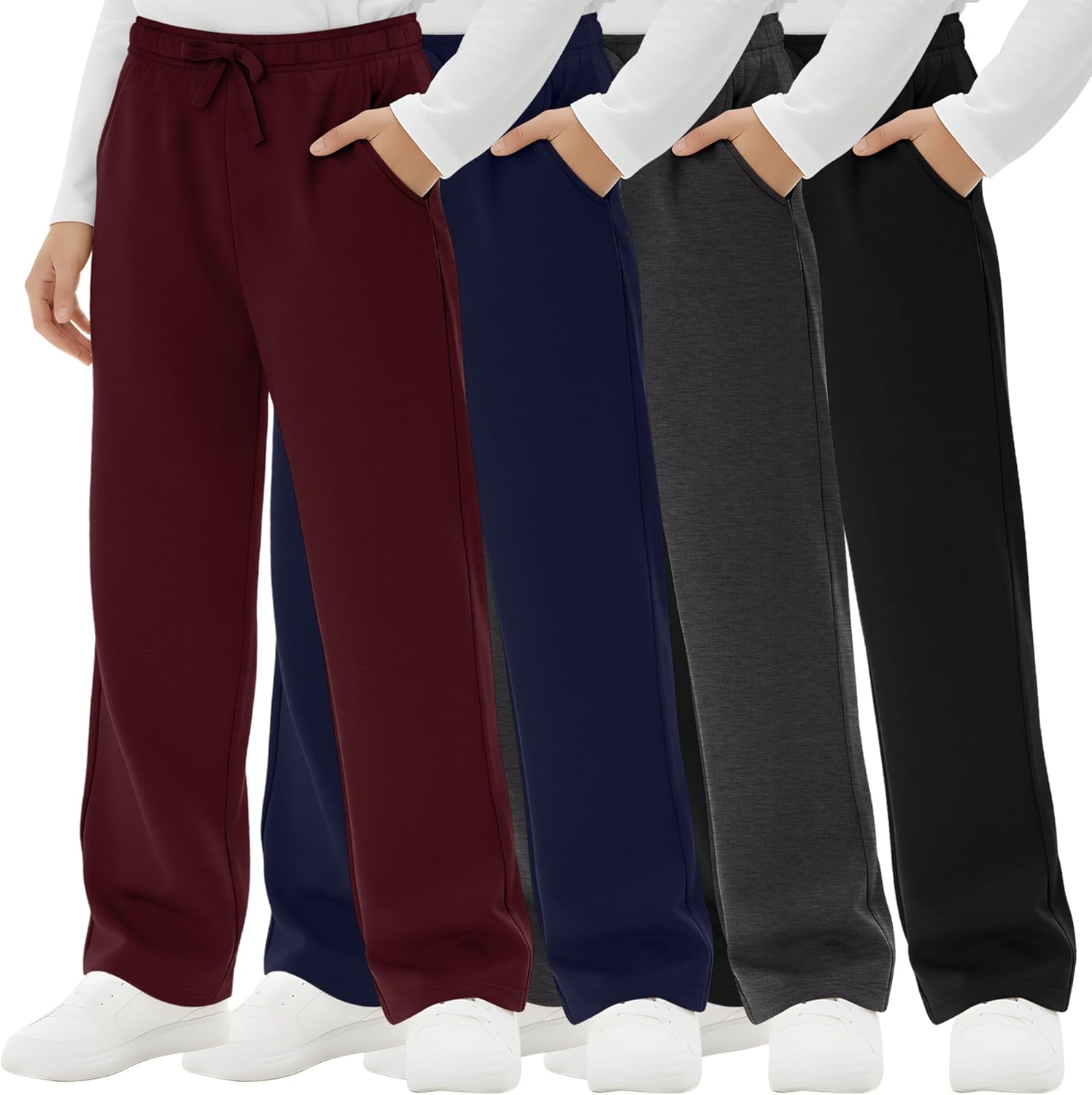4 Pack Boys Sweatpants Straight Leg Open Bottom Athletic Joggers Lightweight Elastic Waist Pants with Pockets