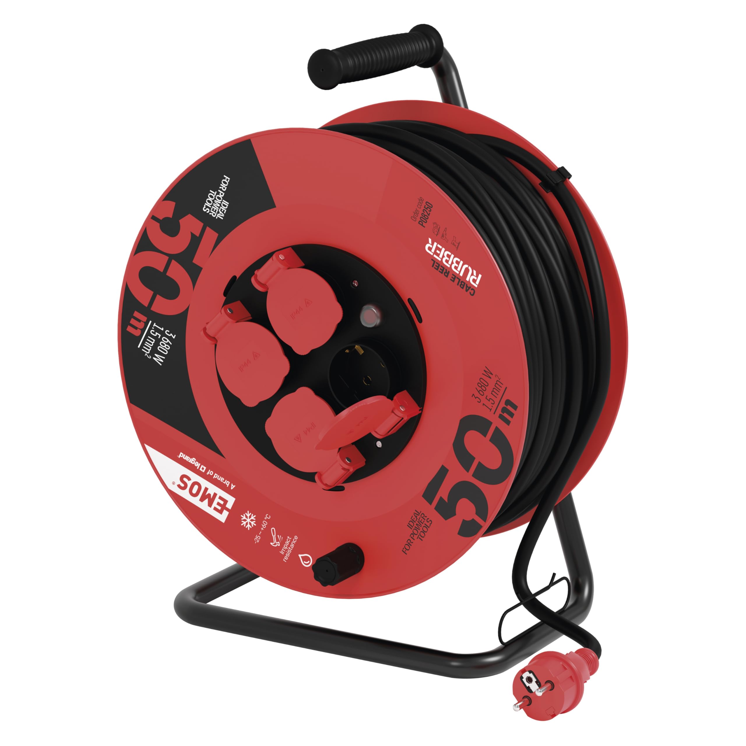 EMOS - Kabeltrommel 50m - 4 Schuko-Steckdosen - wasserdicht, schlagfest, hitze- & kältebeständig - 230V, 16A, 3680W - Gummi-Isolierung - H05RR-F3G 1,5 mm2 - IP44 für Außenbereich
