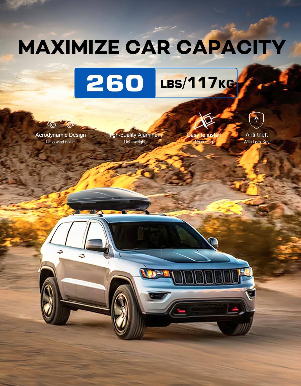 Heavy Duty 260lbs Lockable Roof Rack Cross Bars Compatible with Jeep Grand Cherokee 2011-2021 (with Grooved Side Rails), All-Metal Aluminum Crossbars Rooftop Cargo Bag Kayak Luggage