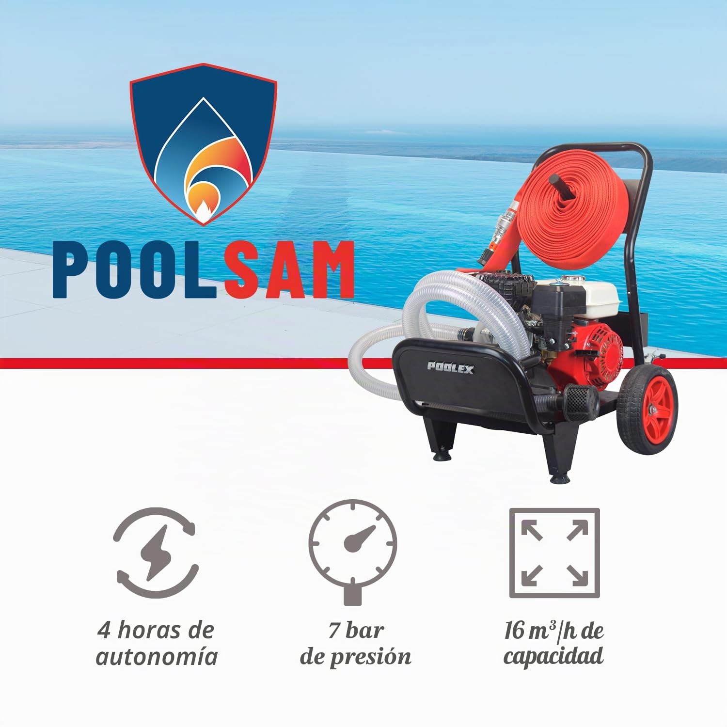 POOLEX Pool Sam - Motobomba Defensa Salida Incendio Forestal Capacidad 16 m³/h - Autonomía 4 Horas - Distancia Manguera 25 m - Alcance de proyección 25 m - Motor térmico 7 CV - Bar presión 7