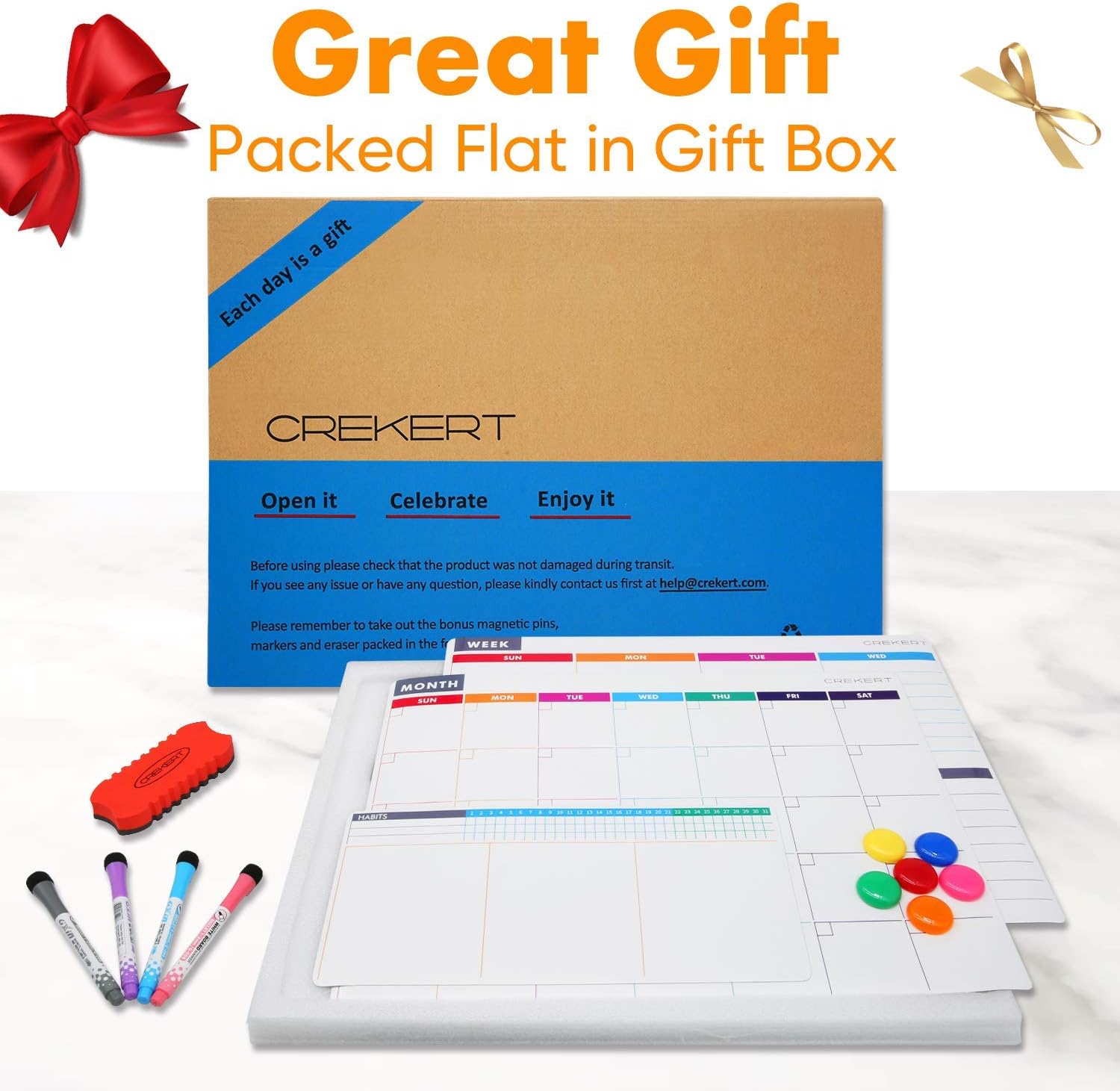 CREKERT Dry Erase Calendar Whiteboard 4in1 Magnetic Calendars for Fridge Habit Tracker Monthly Weekly Whiteboard Calendar Set for Refrigerator 6 Pins 4 Pens 1 Eraser (Gift Box)