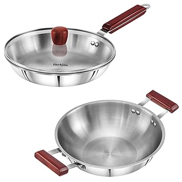 Hawkins Triply 3 mm Extra-Thick Stainless Steel Frying Pan 26 cm with Lid and Kadhai 2.5 LTR Without Lid