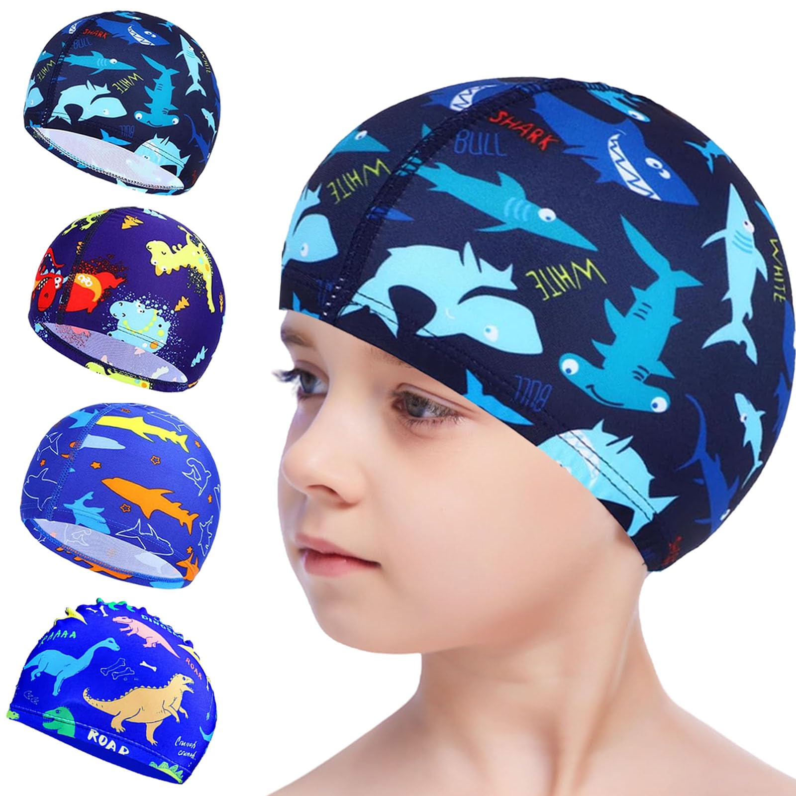 Lot De 2 Bonnets De Bain Enfant Requin Et Dinosaure – Tout Doux, Super Extensibles Et Trop Mignons Pour La Piscine !