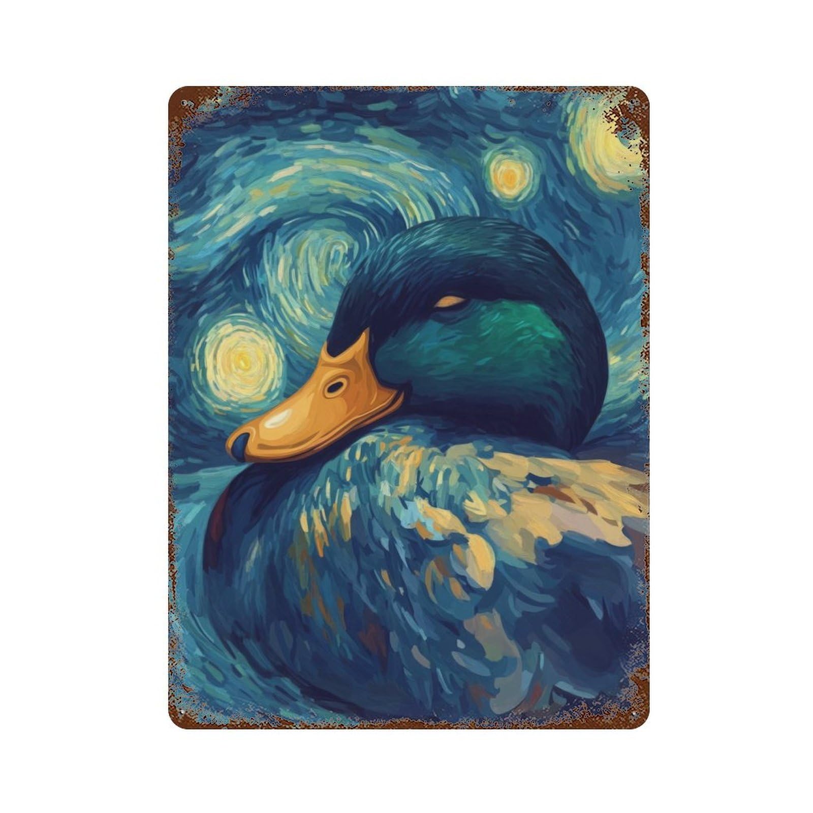 Starry Night Duck 15.7"x11.8" Aged Metal Wall Plaque, Classic Wall Plaque for Basement, Hobby Room And Garage Decor