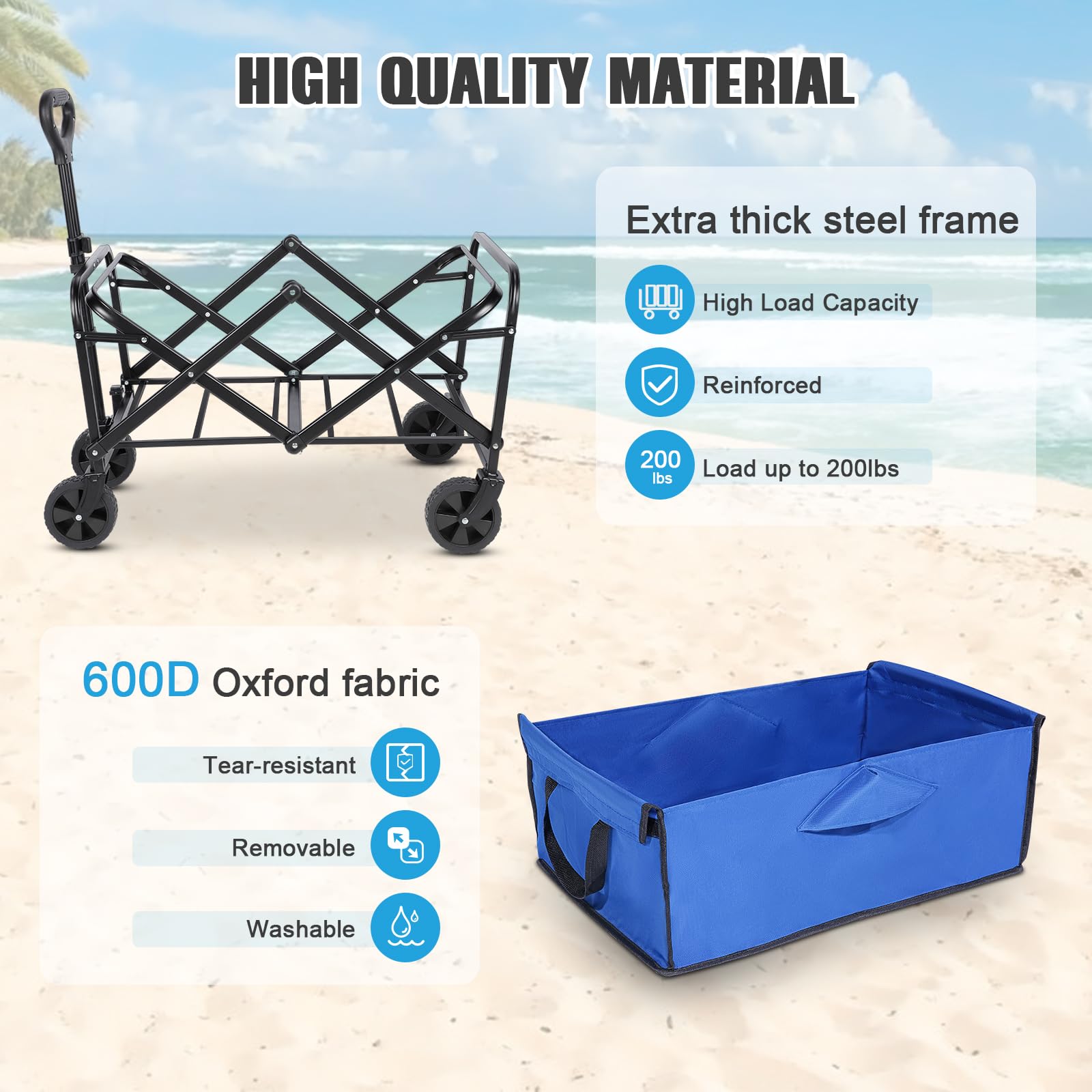 Carrello Spiaggia Ruote Grandi, Carrello da Spiaggia Pieghevole Braccioli Regolabili, per Campeggio all'aperto sulla Spiaggia del Giardino