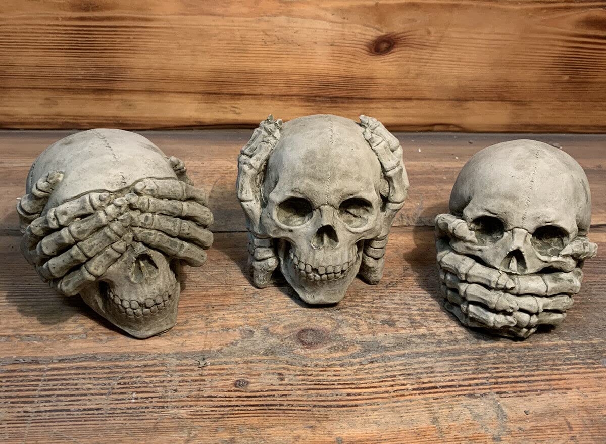 J And L Stone Ornaments Stone Garden See Hear Speak No Evil Gothic Detailed Skull Ornament
