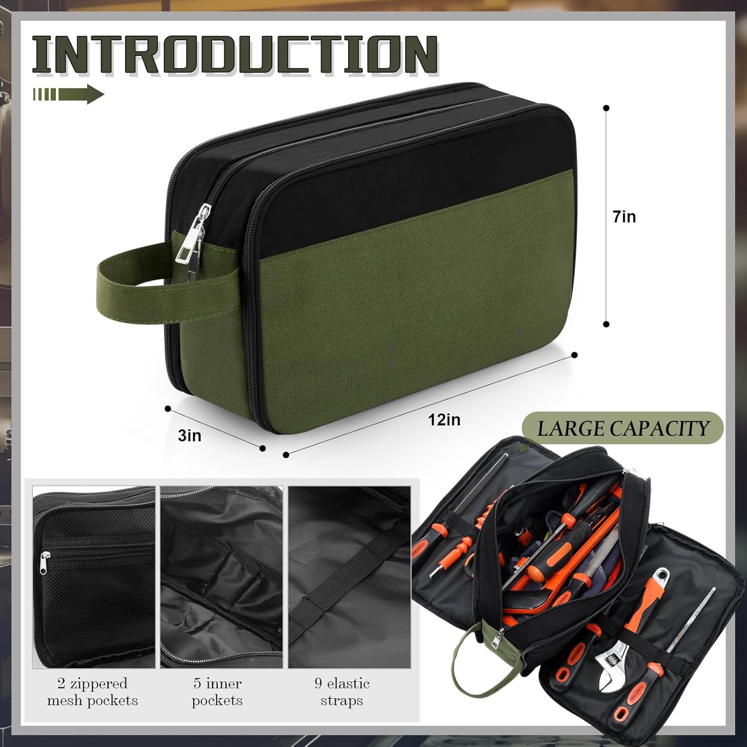 Eccliy 12 Inch Tool Pouch Zipper Bag with Handle 3 Compartments Heavy Duty Tool Organizer Multipurpose Storage Pouch Flat Bottom Bag Multipurpose for Cars Mechanics Electrician(Green)