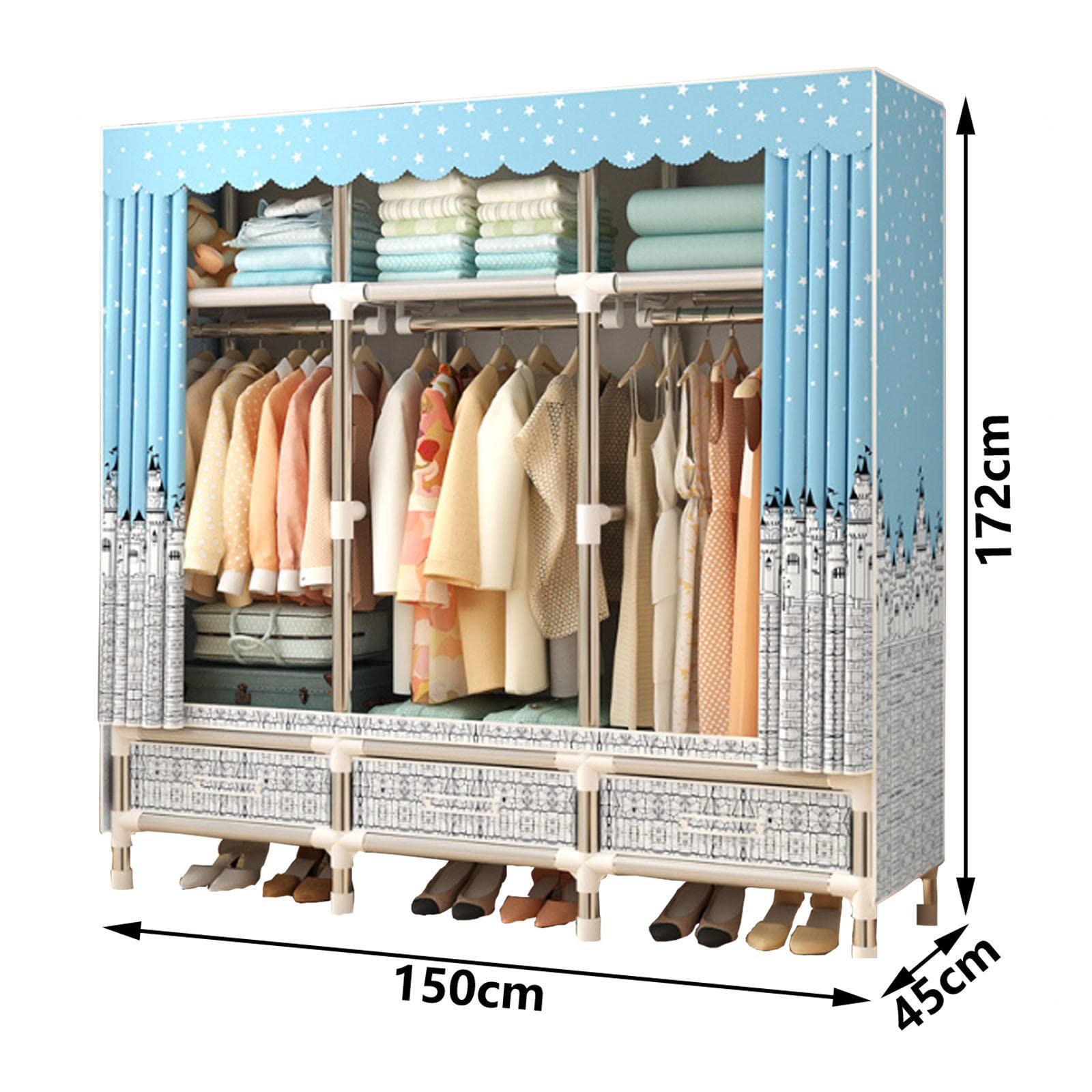 Armario de lona – Armario de ropa portátil con riel para colgar, 3 cajones, cubierta de tela, organizador de almacenamiento de dormitorio plegable para una fácil instalación y ahorro de espacio