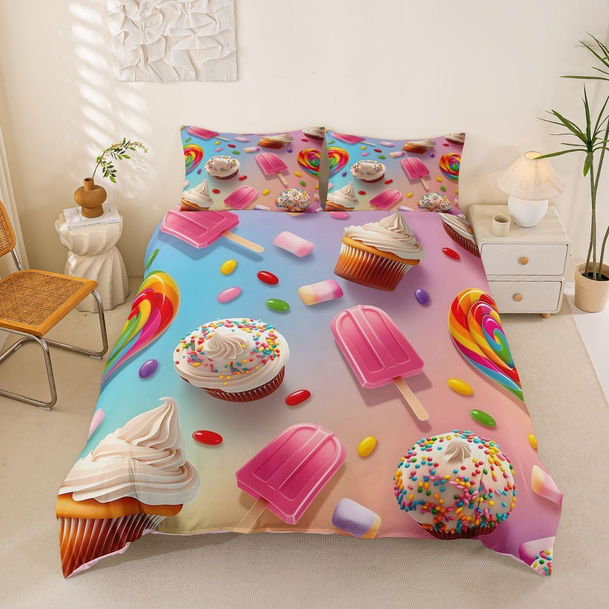 Colorful Popsicle Duvet Cover Set,Rainbow Ice Cream Comforter Cover Toddler Size Dessert Parties 2 Pcs Bedding Set with Zipper Ties for Kids Boys Girls Bedroom Decor(No Comforter),Pink Cream
