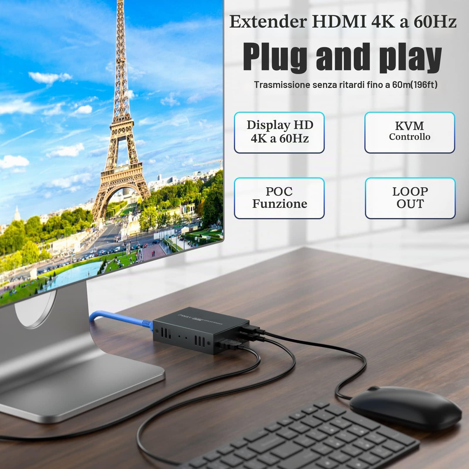 PW-HT249HK HDMI KVM USB Extender 165ft /50m Trasmissione su Single Cat5e / 6/7 Full HD 4K@60Hz Supporto Loop out Funzione EDID 3D