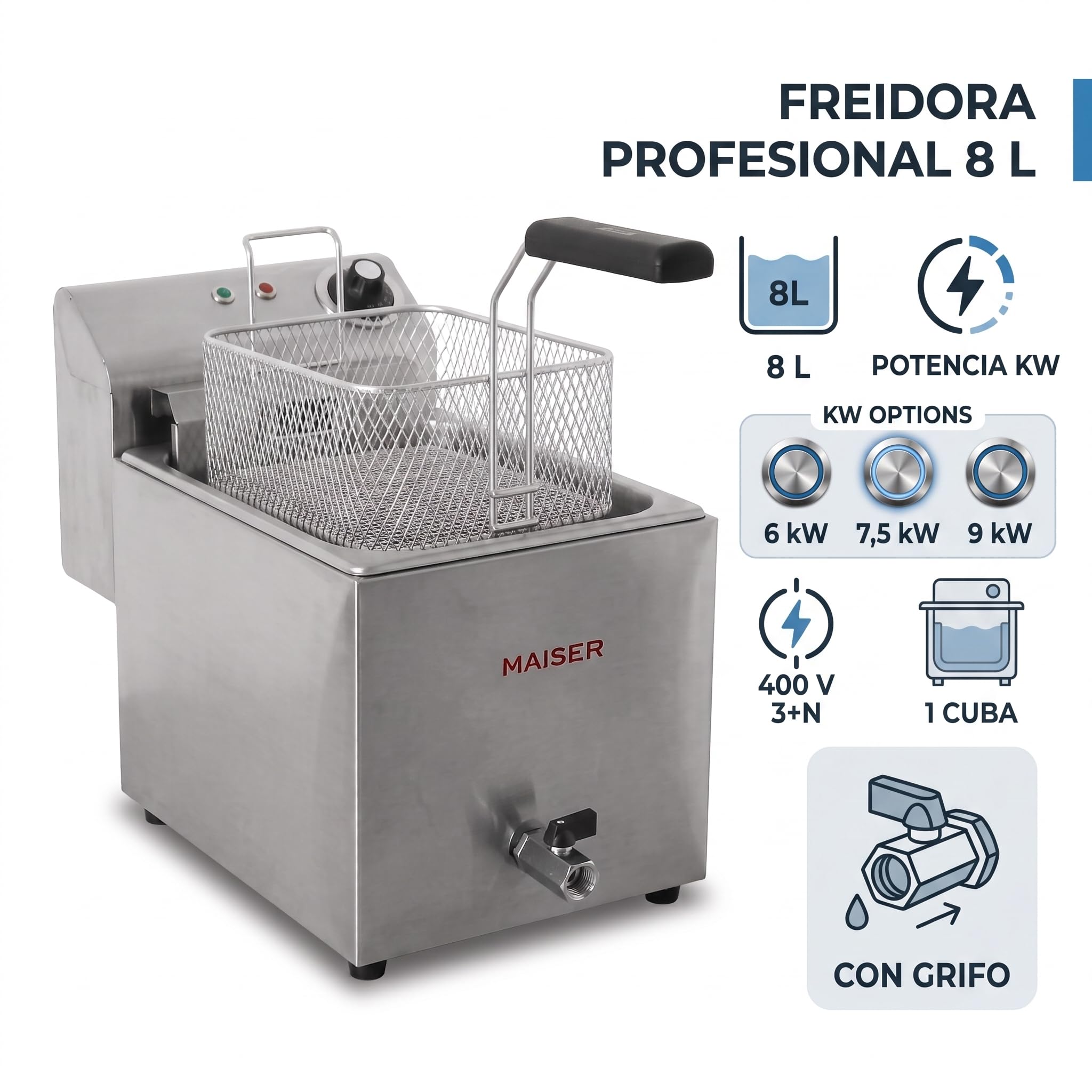 Freidora Industrial de Aceite 8 Litros Trifásica 400 V 9 kW Con Grifo