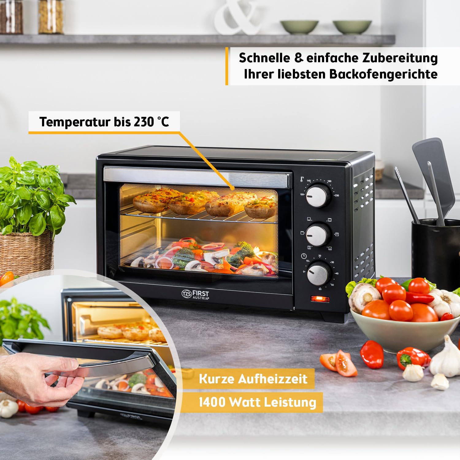 TZS First Austria - Minibackofen 20L 1380W - Mini Backofen stufenlose Temperaturregelung bis 230°C - Miniofen 60 Min. Timer, 3 Einschubhöhen, Backblech & Grillrost - Für kleine Küchen & Camping