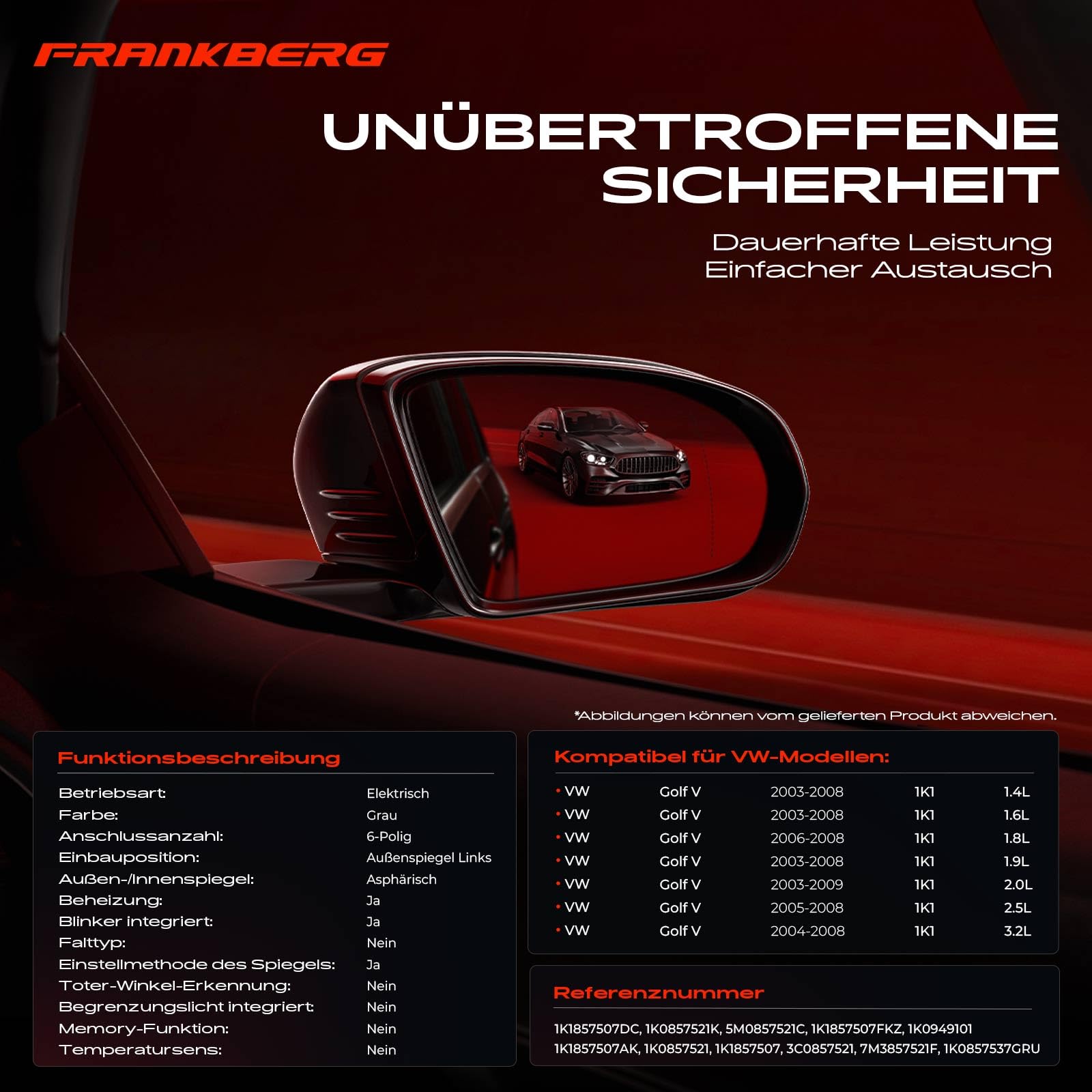 Frankberg 1x Außenspiegel Links Elektrisch 6-Polig Kompatibel mit Golf V 1K1 2003-2009 Replace# 1K1857507