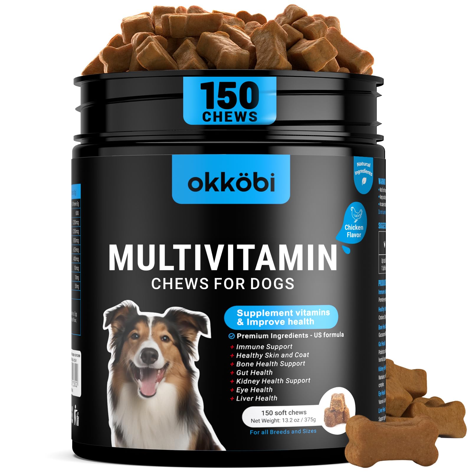 Dog Vitamins and Supplements - 150 Dog Multivitamin Chewable - Immune, Joint Support, Skin, Gut Health + Packed with Omega 3s, Glucosamine & Probiotics - Safe for Puppy - Chicken