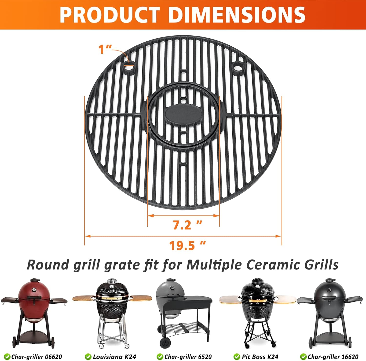 Round Grill Grate 19.5" for Akorn Kamado Ceramic Grill, Pit Boss K24, Louisiana Grills K24, Char-Griller 16620, Solid Rod Round Coookin Grate Grill Grid, Cast Iron