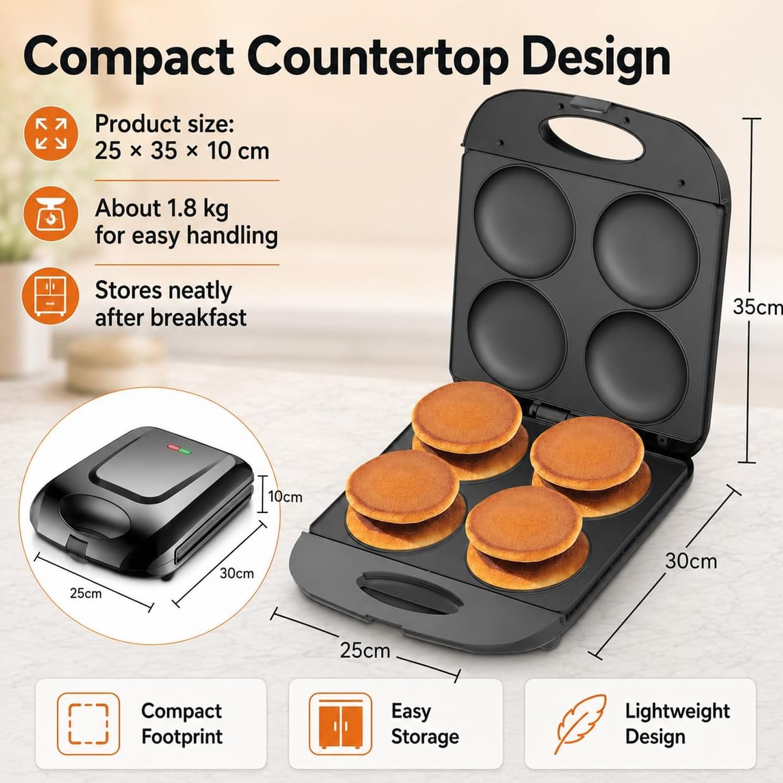Mini pancake elettrico da 1400 W, antiaderente/crea 4 frittelle uniche, per cucinare muffin, uova fritte, hamburger, frittata
