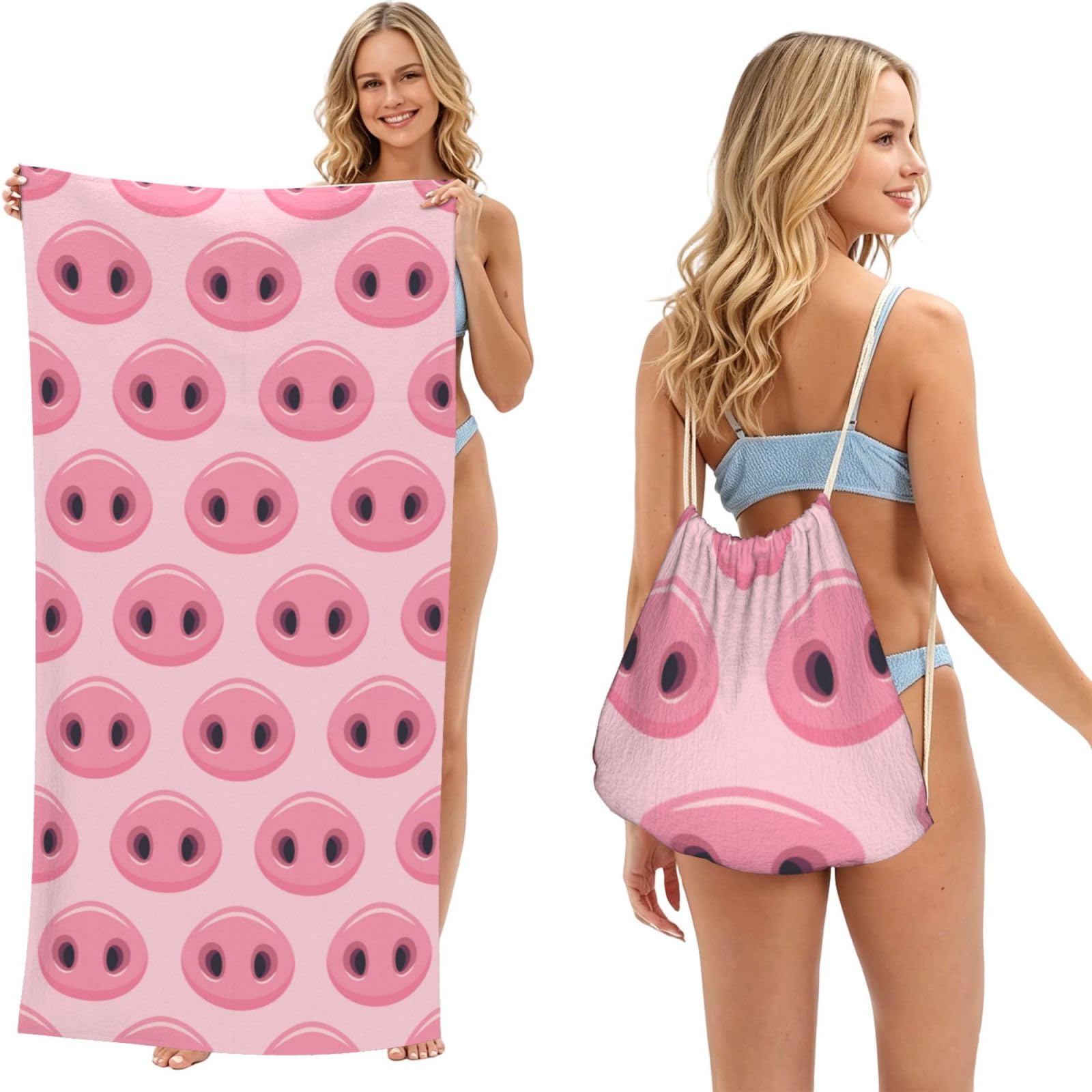 Poadnly As Picture Cute Pig Nose, 2 In 1 Packable Towel Bag, Beach Towels With Drawstring Backpack For Travel Holiday Camping