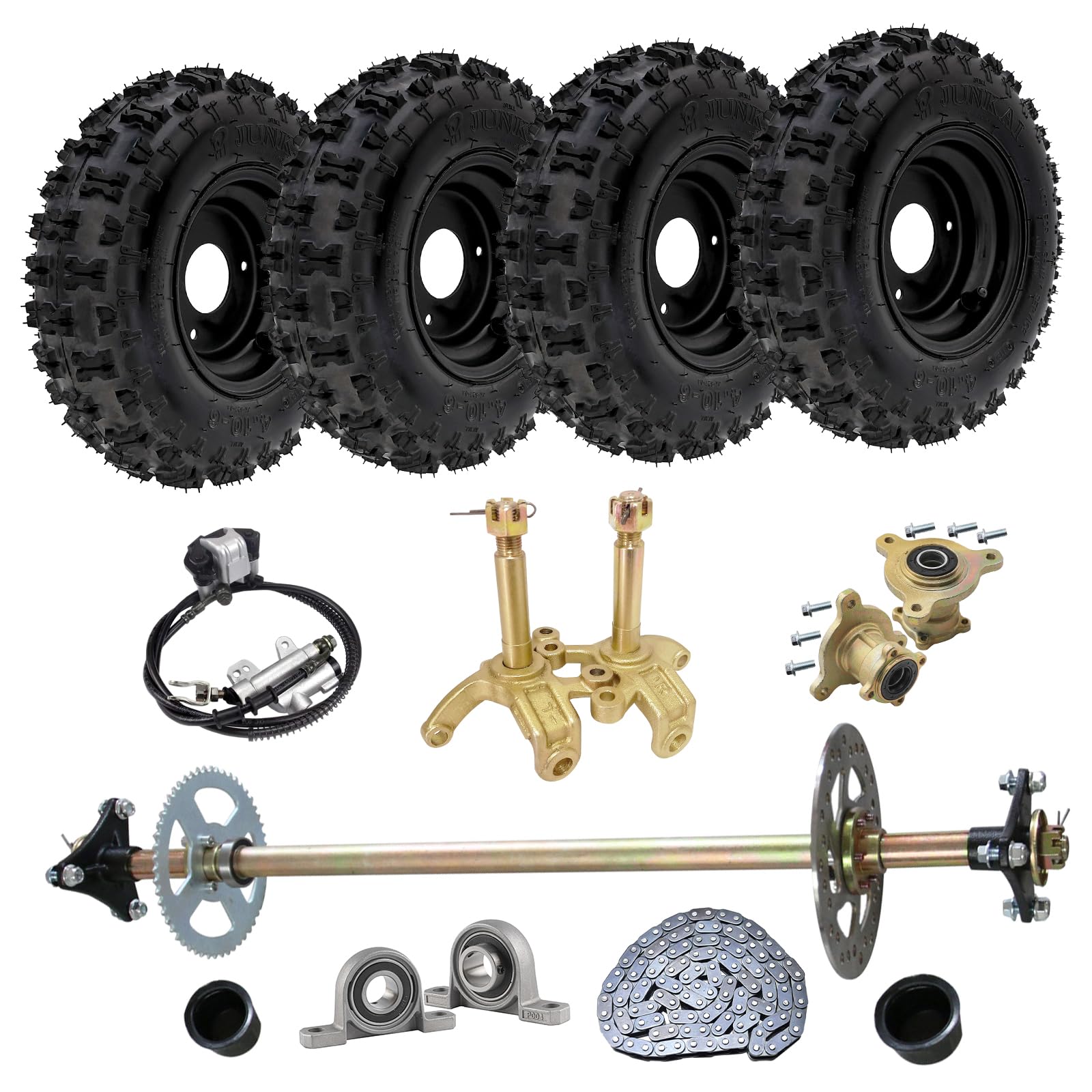 29'' Complete Rear Axle Shaft Kit with 6" Front/Rear Wheels, Tires, Rims, Brake Assembly, Chain & Sprocket, and Steering Knuckle Kit – Ideal for Go Karts, Quads, Trikes, and Drift Bikes