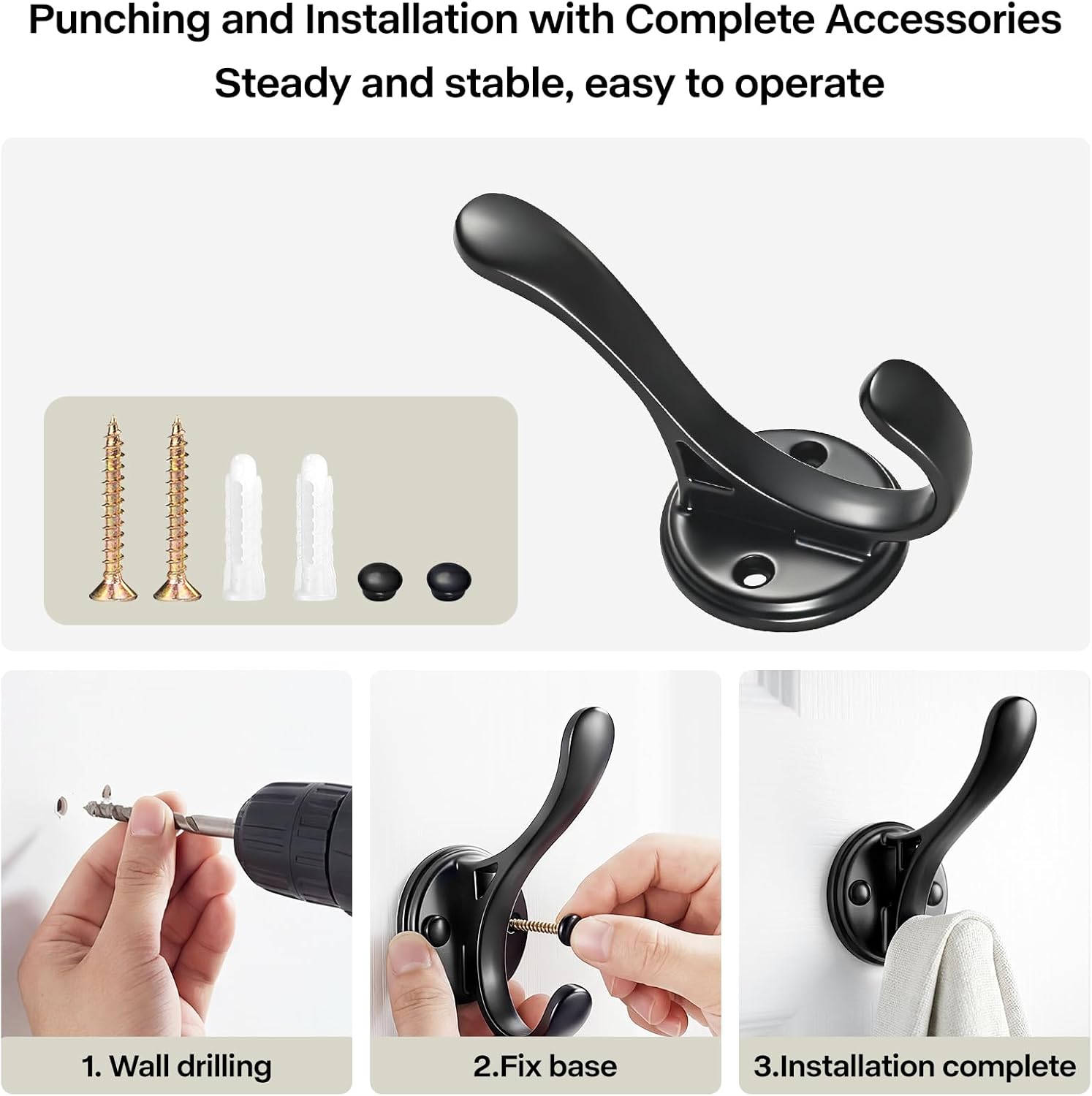 Black Towel Hook 6 Pack Coat Robe Hook Heavy Duty Metal Double Bathrobe Hook，Black Towel Hooks for Bathrooms Kitchen Closet Garage (588black, 6)"