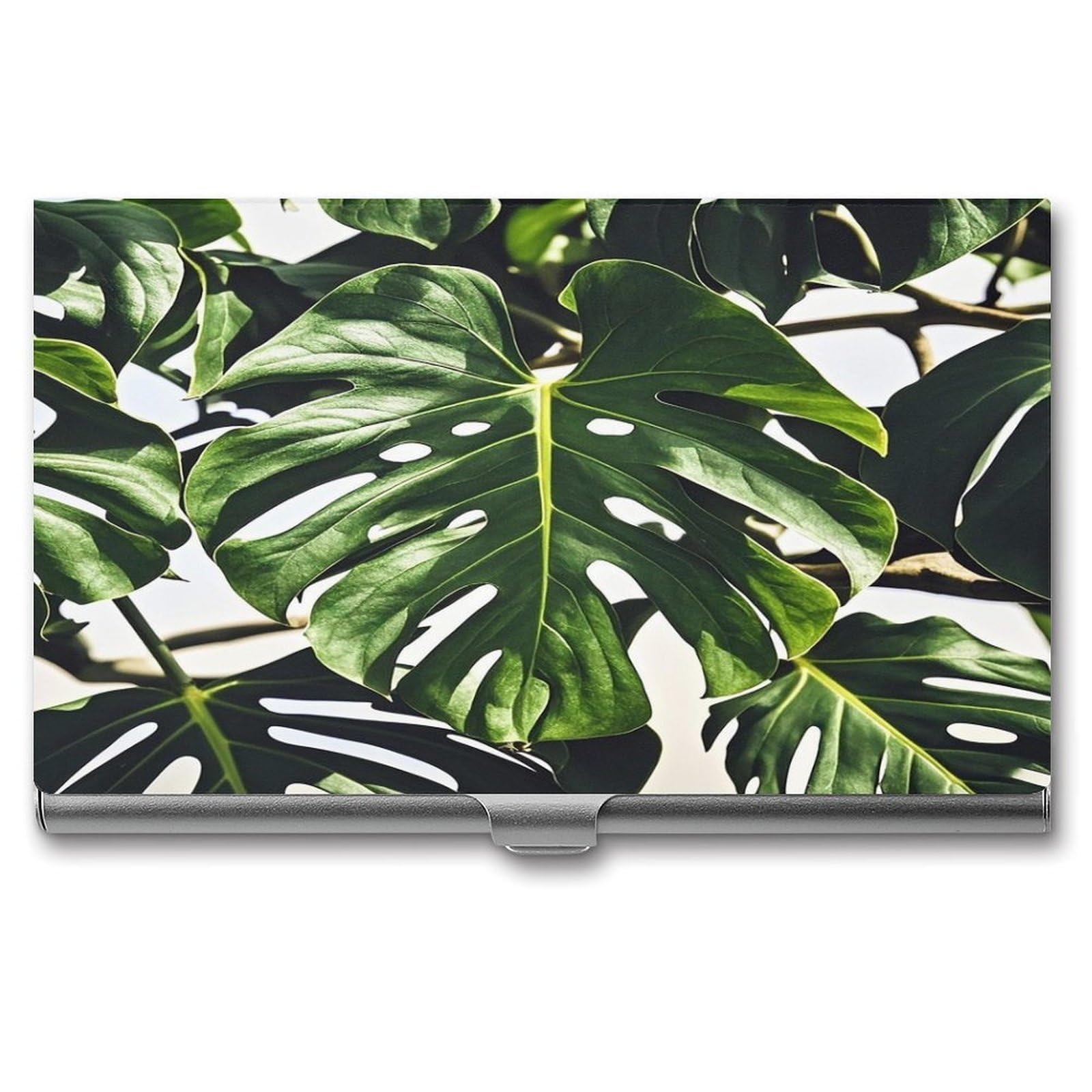 FekiLoot Black Green Leaves Business Card Holder Aluminum Alloy Business Card Case Convenient to Carry Business Card Dispenser for Men Women