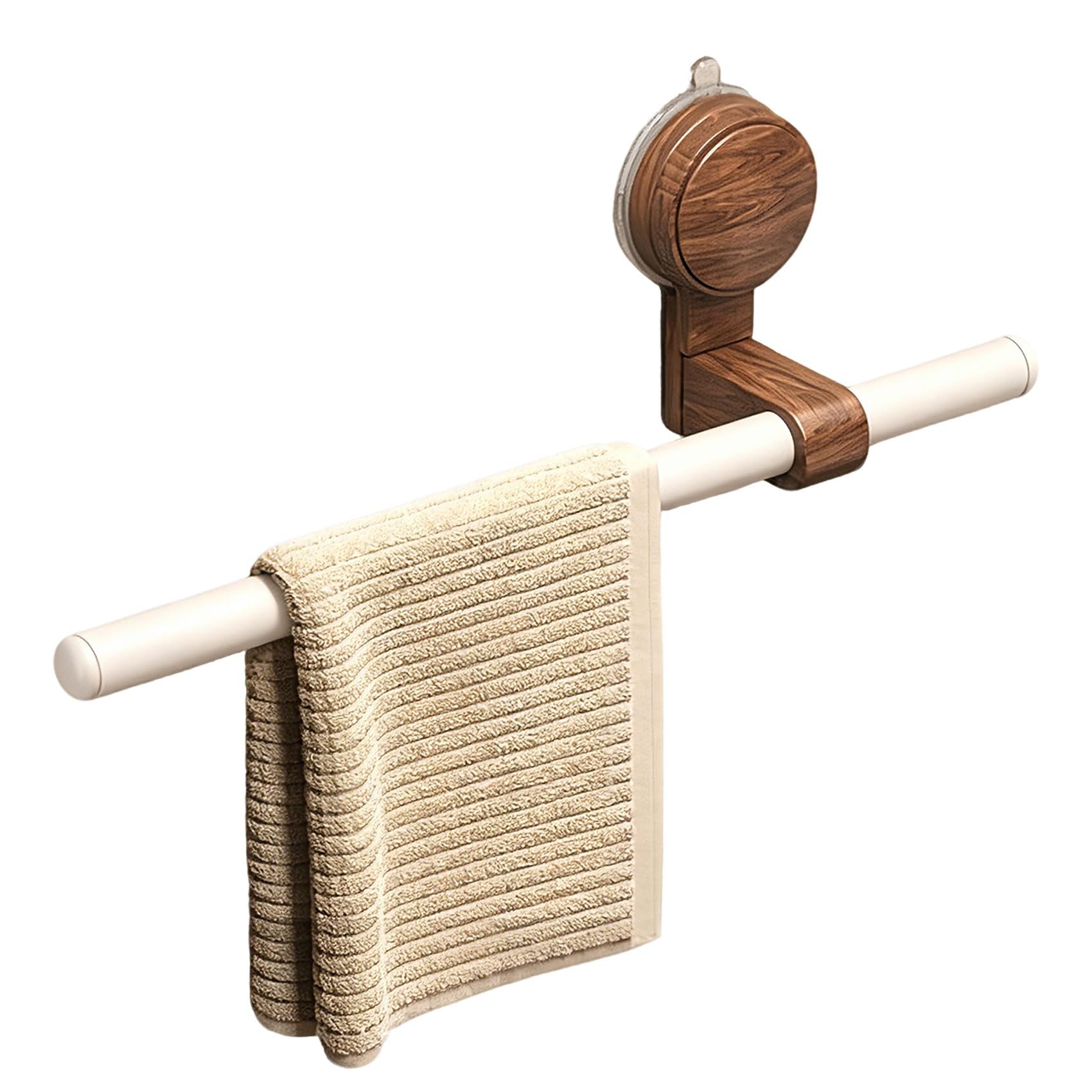 Adjustable Suction Cup Towel Bar for Wall, No-Drill Hand Towel Holder for Kitchen Bathroom, Premium Walnut Wood & Aviation Aluminum Rustproof Bathroom Hardware Set(White,40cm/15.7in)
