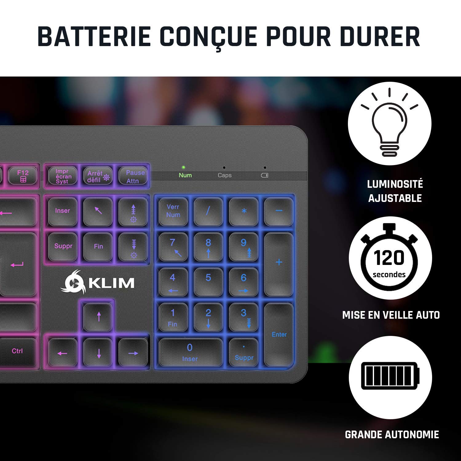 KLIM Light V2 Clavier sans Fil AZERTY + Nouveauté 2024 + Fin, Discret, Waterproof, Silencieux + Clavier Gamer rétroéclairé pour PC Mac PS4 PS5 + Batterie Intégrée Longue Durée