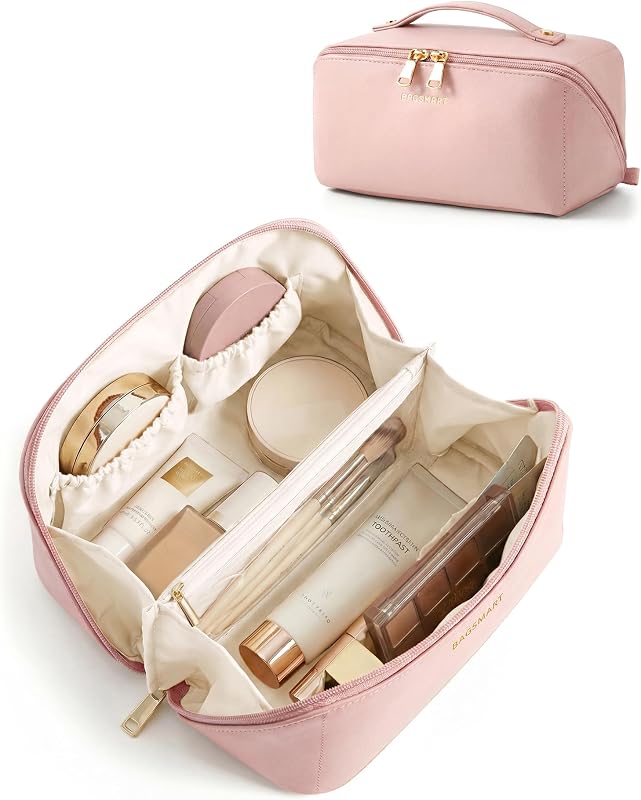 Necessaire de maquiagem BAGSMART com abertura plana, compartimento para pincéis, rosa