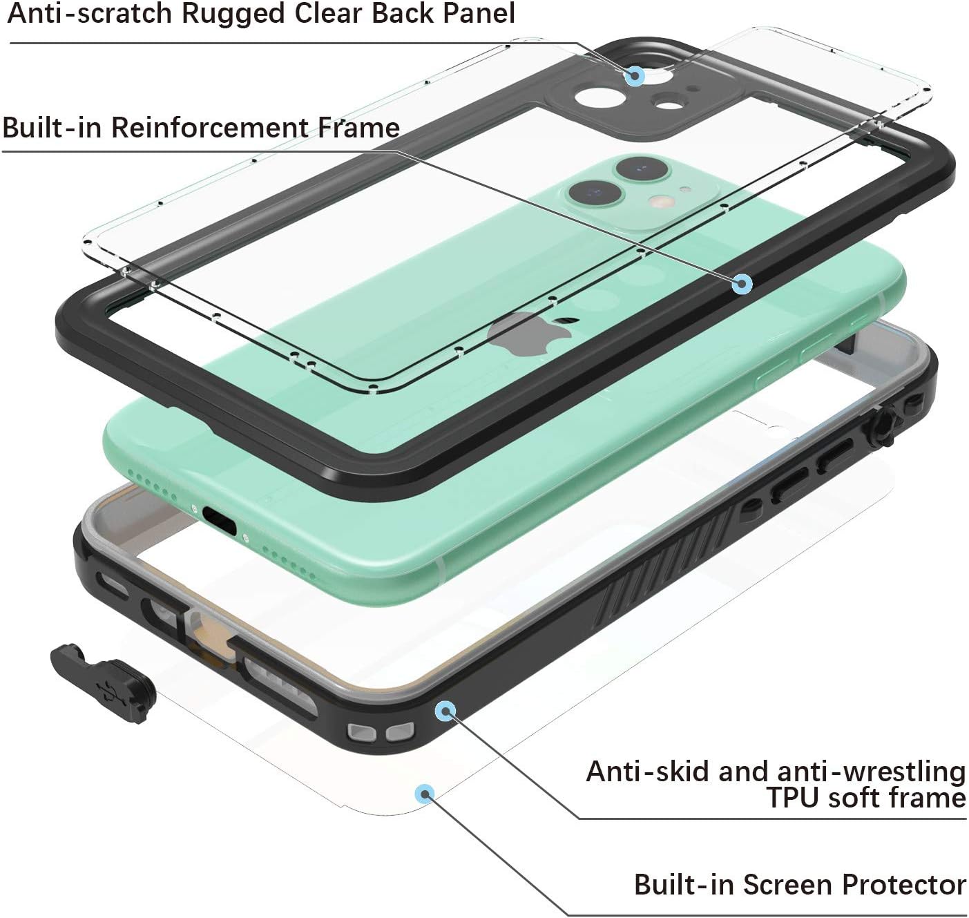 Temdan Designed for iPhone 11 Case,360 Full-Body Built-in Screen Protector Real Heavy Duty Rugged Shockproof Dustproof Cases for iPhone 11 6.1 inch 2019 Release-(Black/Clear)