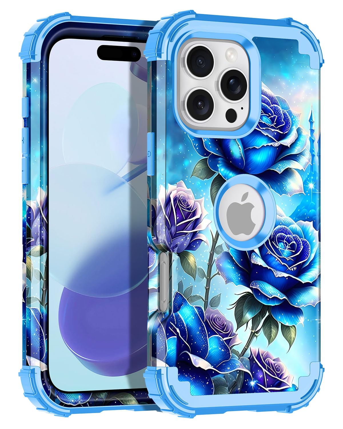 Petocasefor iPhone 16 Pro Max Case,Glow in The Dark Three Layer Heavy Duty Shockproof Full Protection Hard Plastic Bumper+Soft Silicone Case for Apple iPhone 16 Pro Max 6.9 inch,Blue Rose
