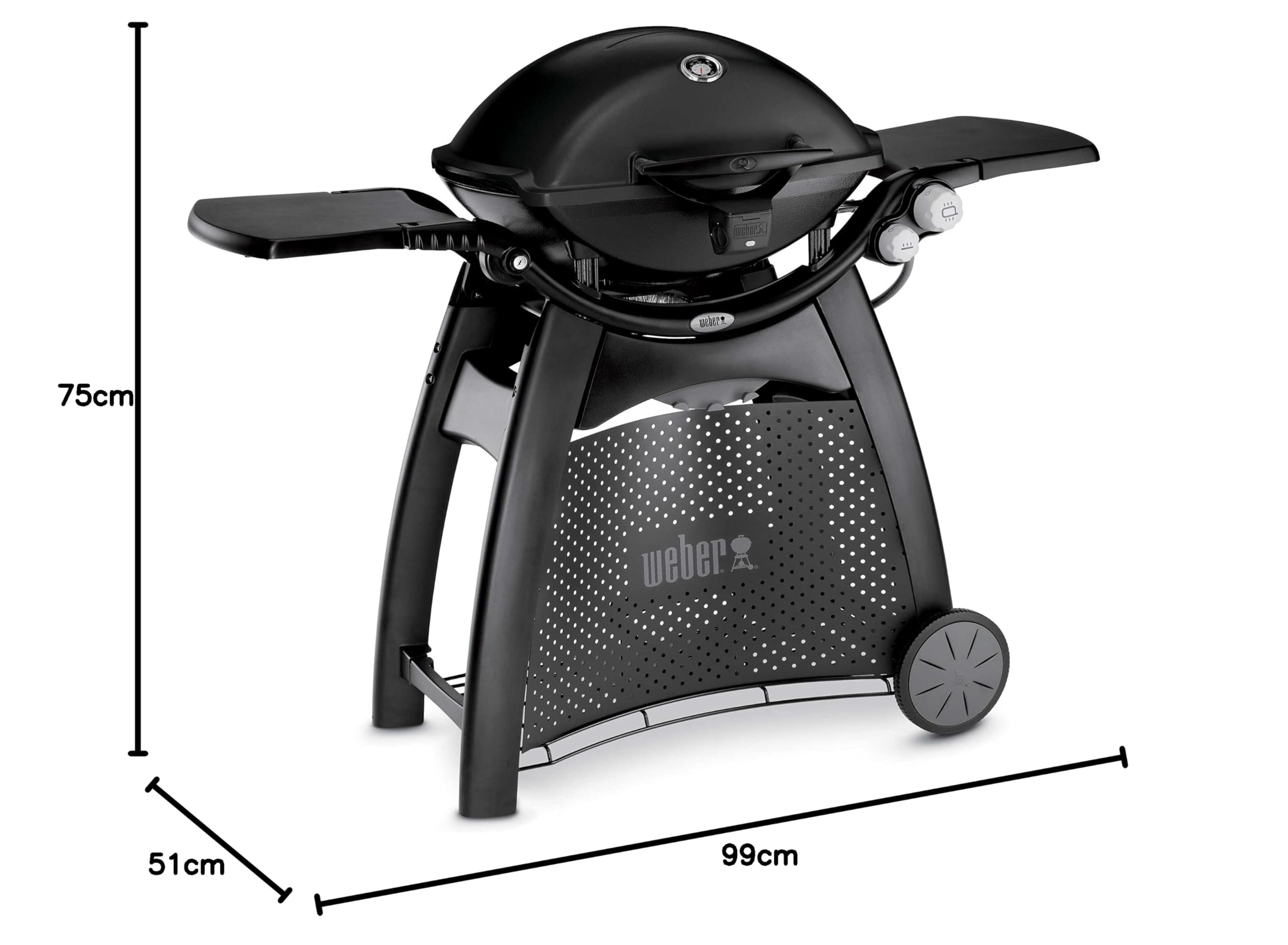 Weber Q3200 Barbecue a Gas con Carrello + Ripiani Laterali Ripiegabili, Superficie di Cottura 63 x 45 cm, 2 Bruciatori, Termometro sul Coperchio e Lampada, Nero (57012329)