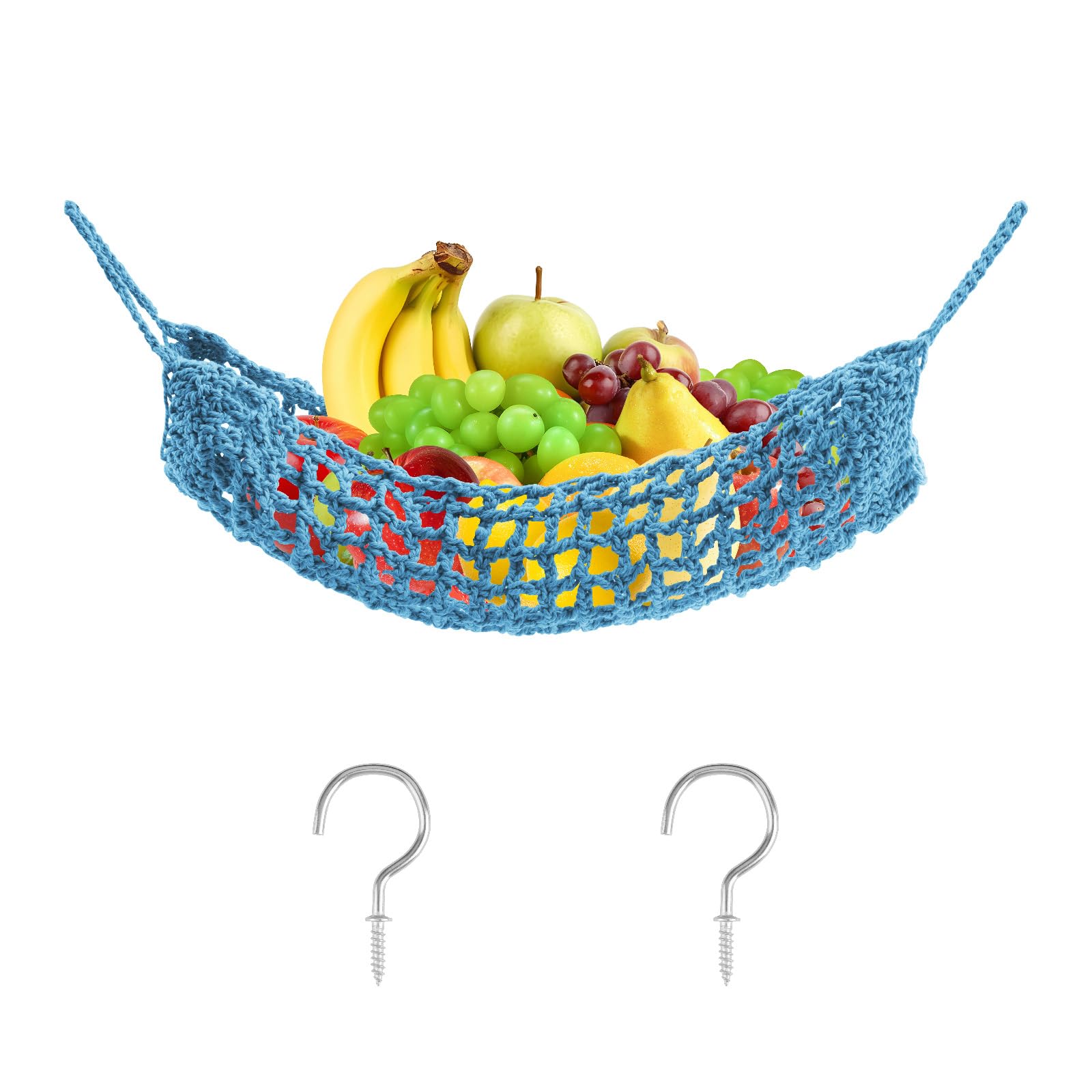 UFURMATE Macrame Fruit Hammock 1 Pack Cotton Fruit Holder Net Under Cabinet Veggie Storage Space Saving Kitchen Decor with Hooks (Azure Blue)
