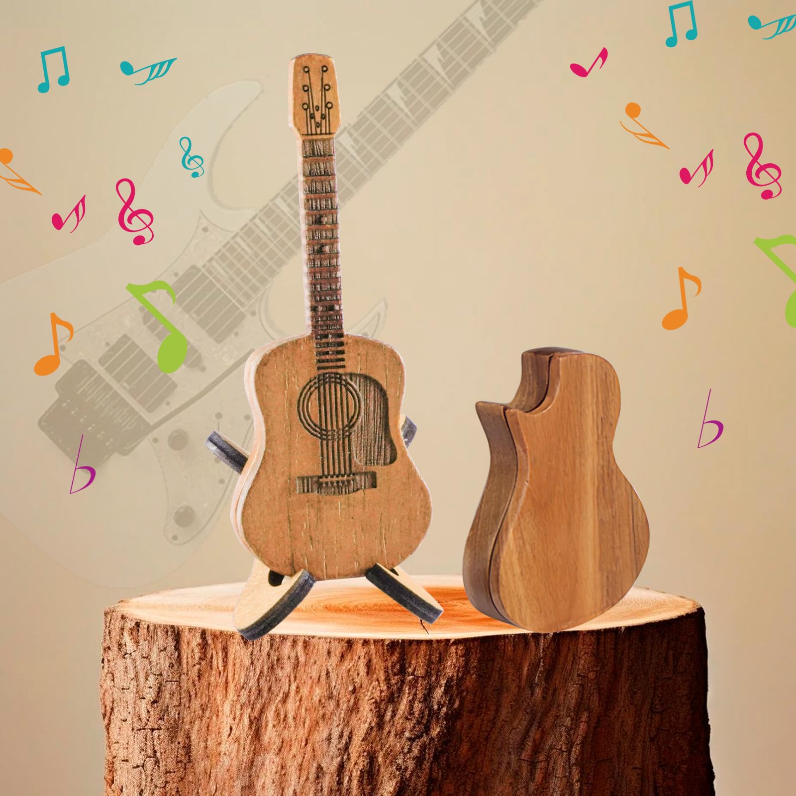 NAESM Wooden Guitar Pick Box with Stand, 6 Pcs Unique Guitar Picks, Musician Engraved Wooden Plectrum Case - Image 4