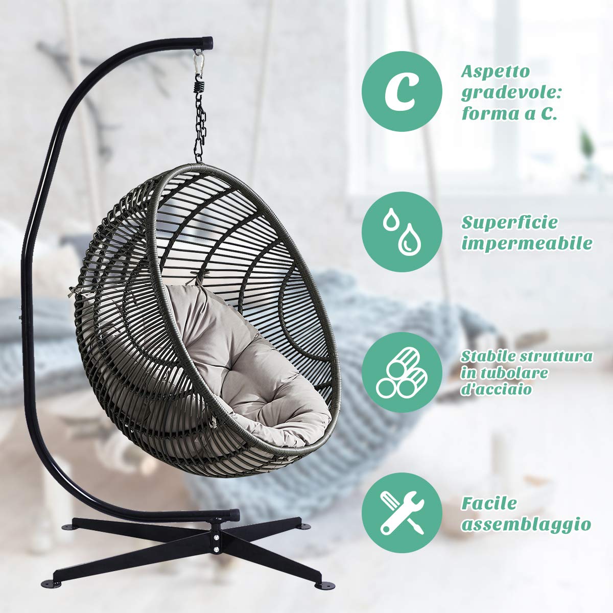 RELAX4LIFE Sostegno per Sedia Sospesa Regolabile, Struttura in Metallo, Carico Massimo 150 kg, Telaio Supporto per Interni, Patio, Giardino (Modello 3)